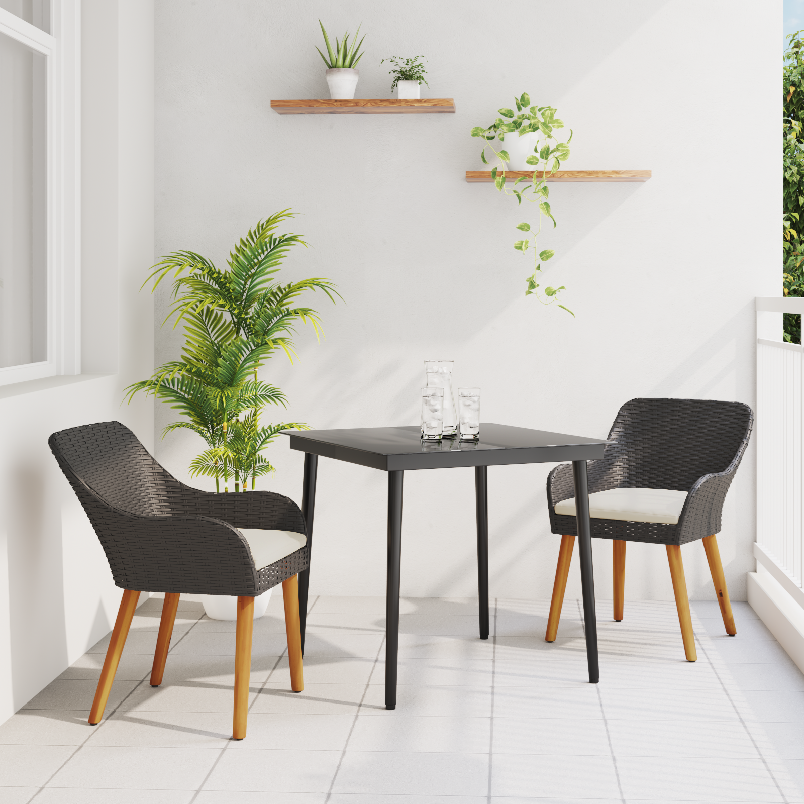 3 Piece Garden Dining Set Black Poly Rattan