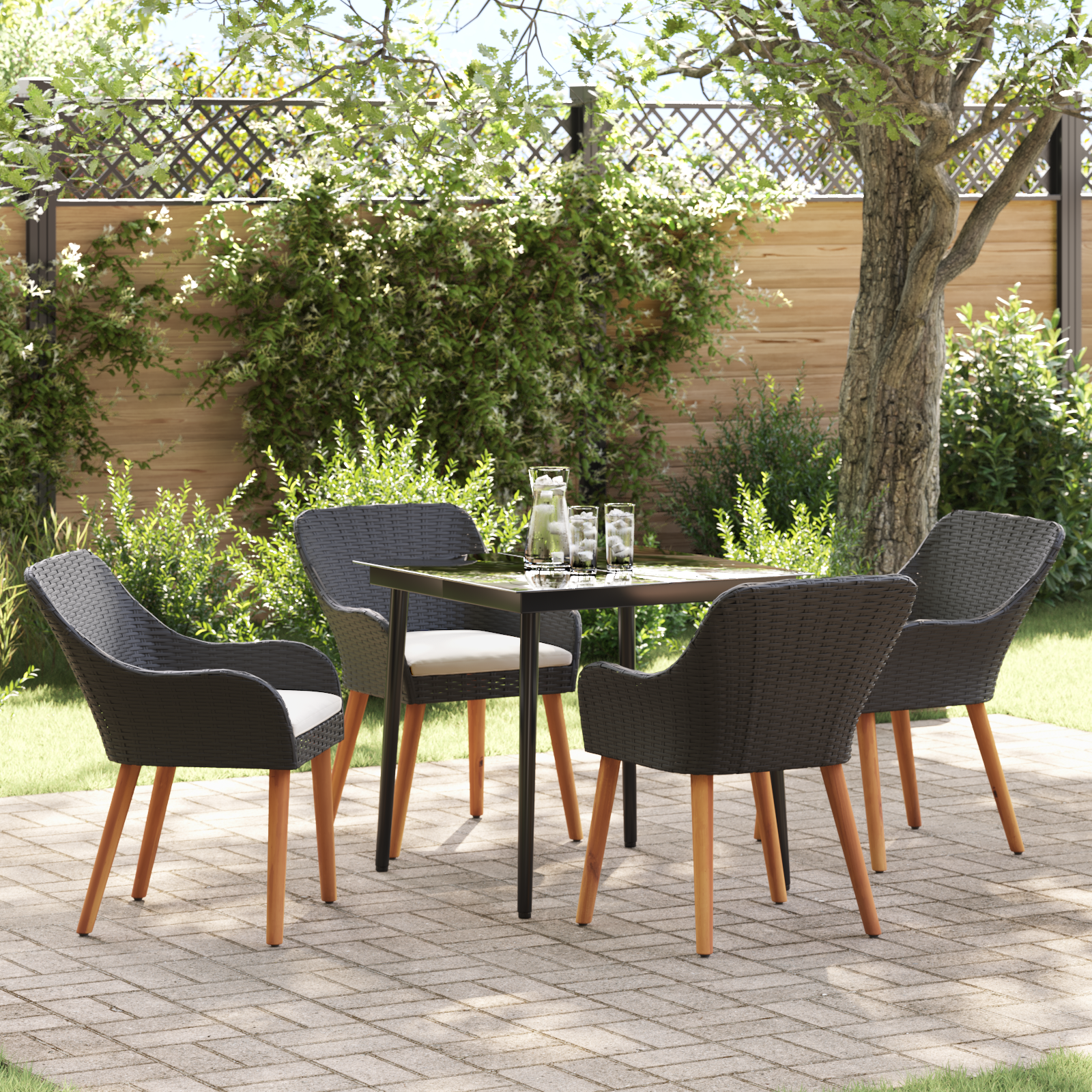 5 Piece Garden Dining Set Black Poly Rattan