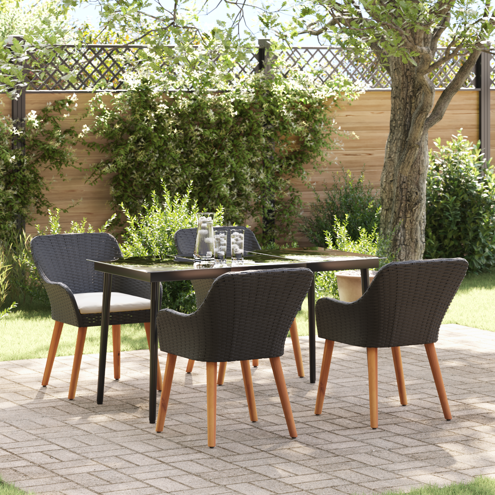 5 Piece Garden Dining Set Black Poly Rattan