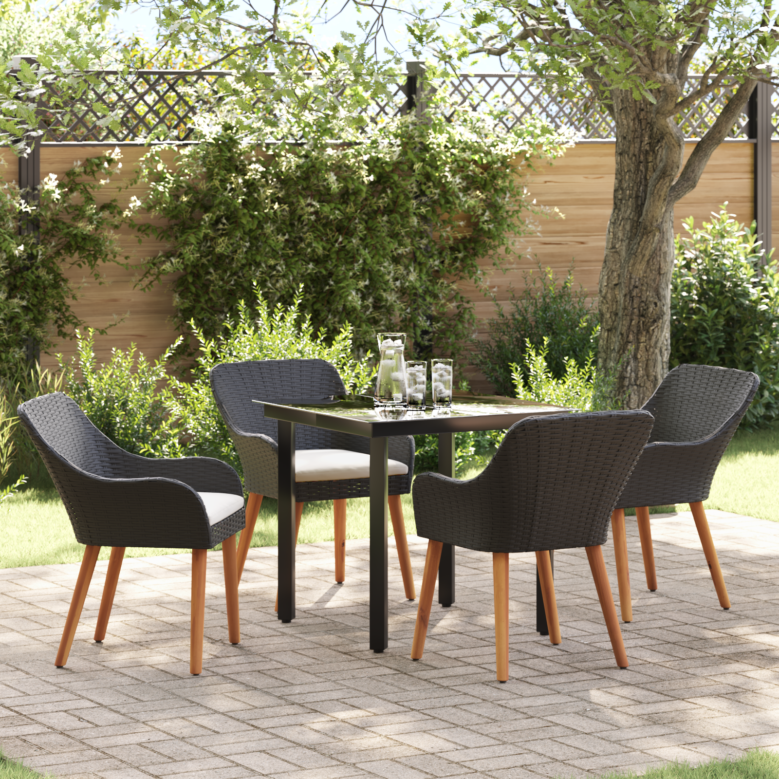 5 Piece Garden Dining Set Black Poly Rattan