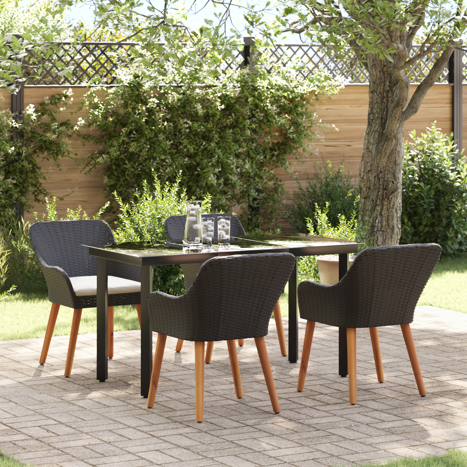 5 Piece Garden Dining Set Black Poly Rattan