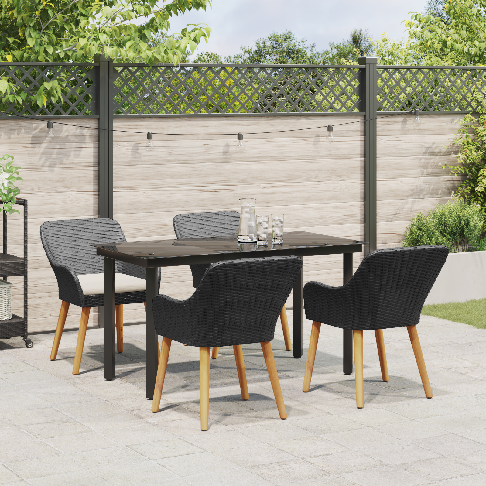 5 Piece Garden Dining Set Black Poly Rattan - Image 4