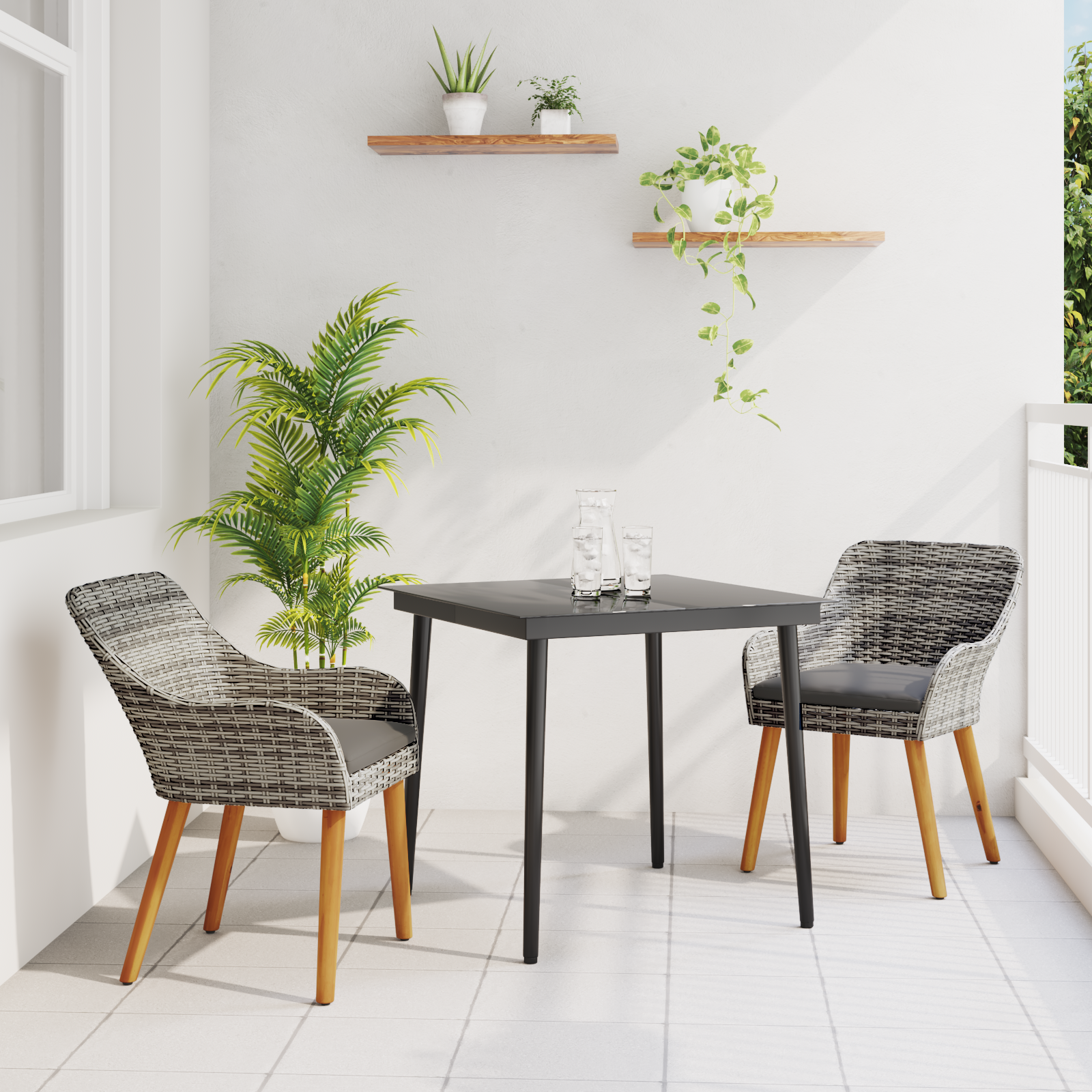 3 Piece Garden Dining Set Grey Poly Rattan