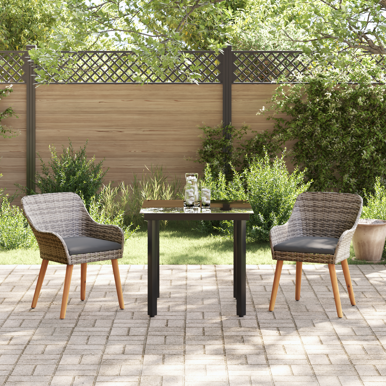 3 Piece Garden Dining Set Grey Poly Rattan - Image 4