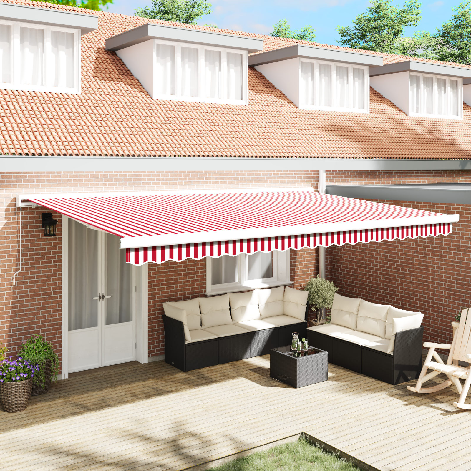 Handmatige Intrekbare Luifel Rood en Witte Streep 500×300 cm
