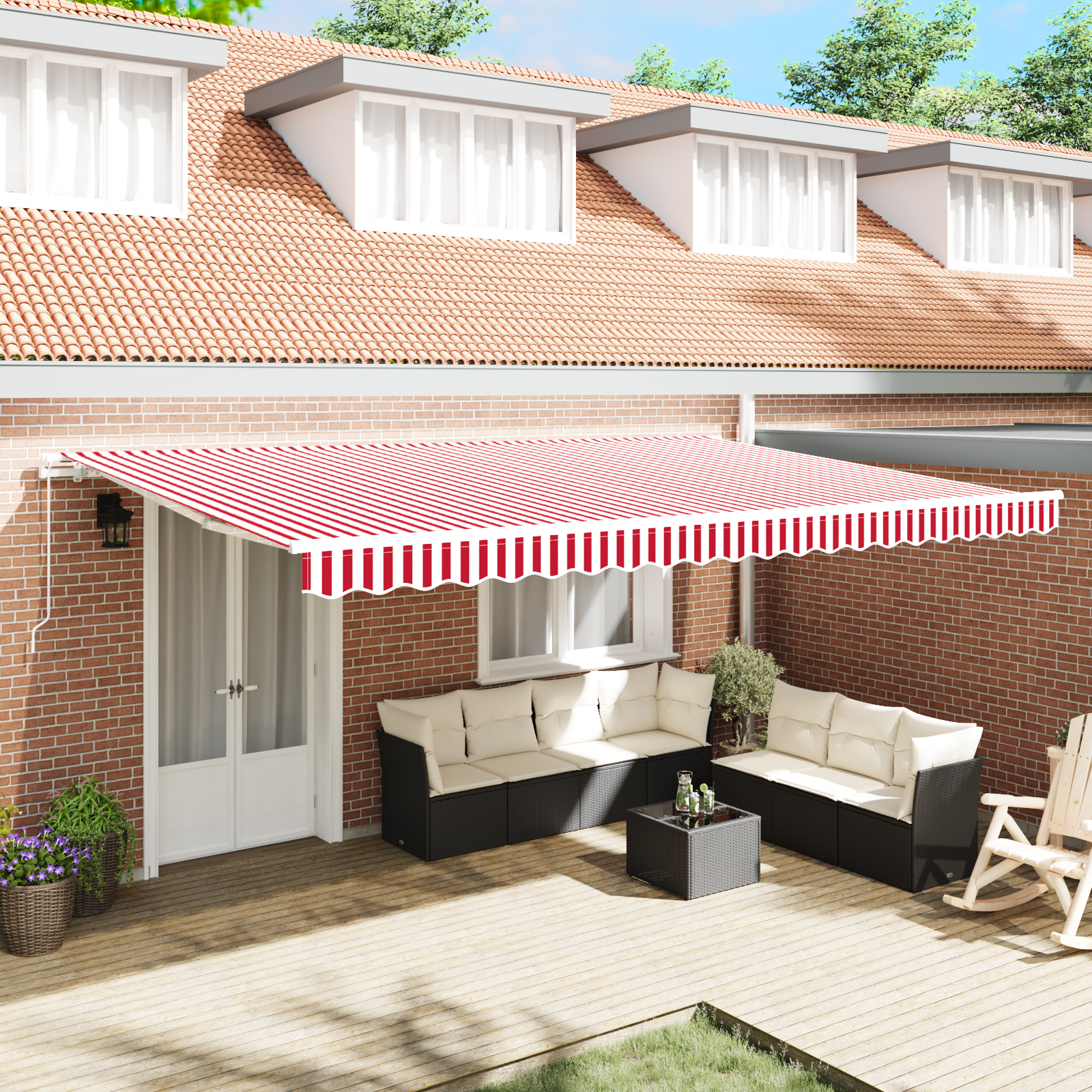 Handmatige Intrekbare Luifel Rood en Witte Streep 500×350 cm