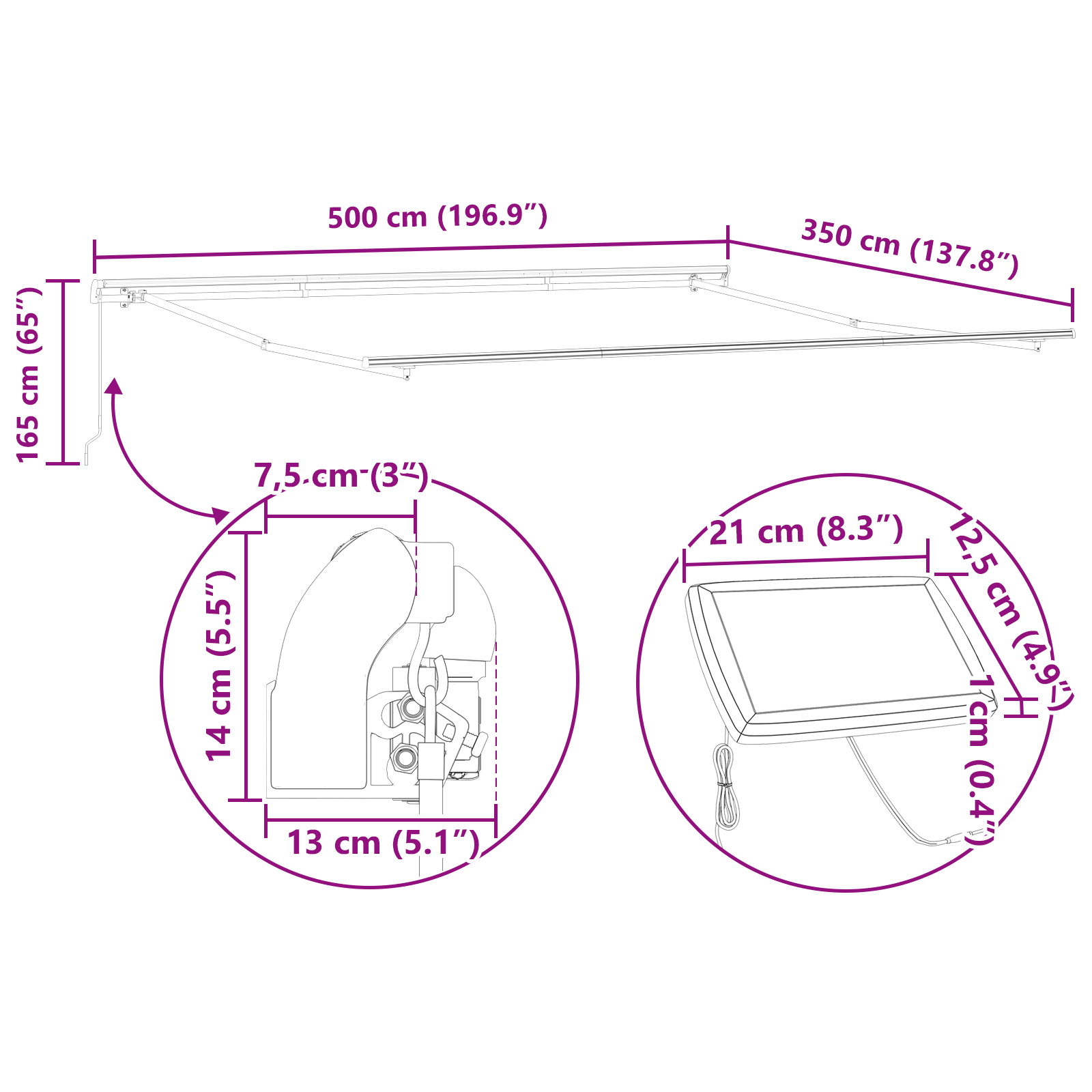 Inklapbaar Zonnescherm Wit 500 × 350 cm Stof en Staal image 12