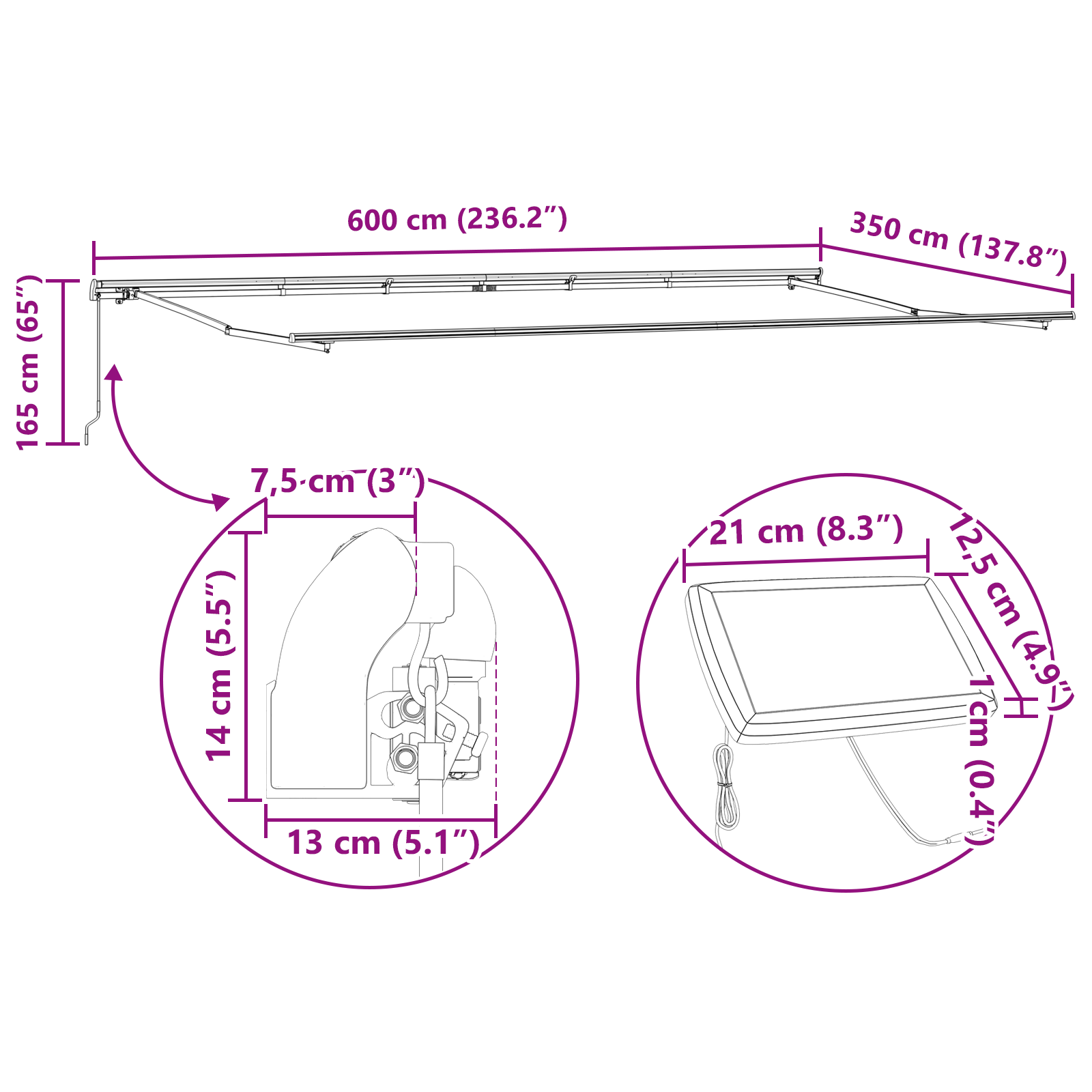 Inklapbaar Zonnescherm Multikleur 600 × 350 cm Stof en Staal image 12