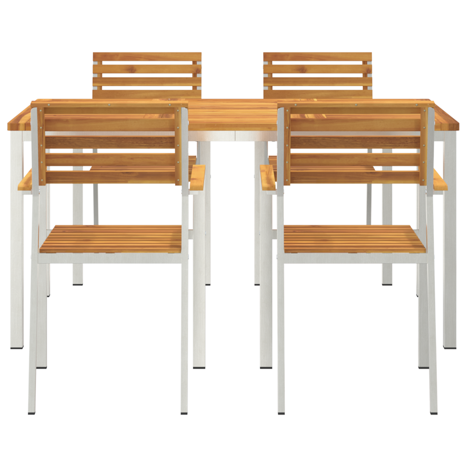 5 части градински трапезен комплект vidaXL от масивна акациева дървесина, Външна маса vidaXL 150x90x75 см от масивна акациева дървесина, Столове за градина vidaXL 4 броя от масивна акациева дървесина и стомана - Image 7