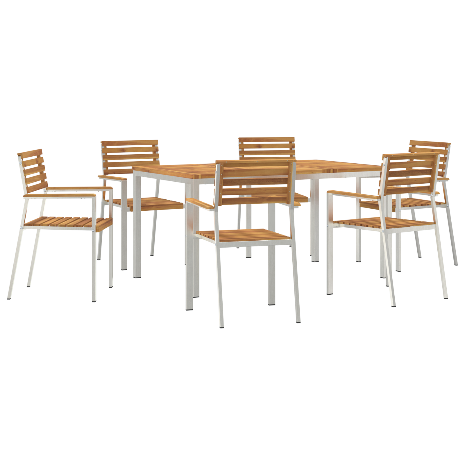 7-частов комплект за хранене в градината от масивно дърво акация, vidaXL Масата за хранене на открито 150x90 см от масивно дърво акация, vidaXL Столове за градината, опаковка 2 броя от масивна дървесина акация и стомана, vidaXL Столове за градината, опаковка 4 броя от масивна дървесина акация и стомана - Image 2