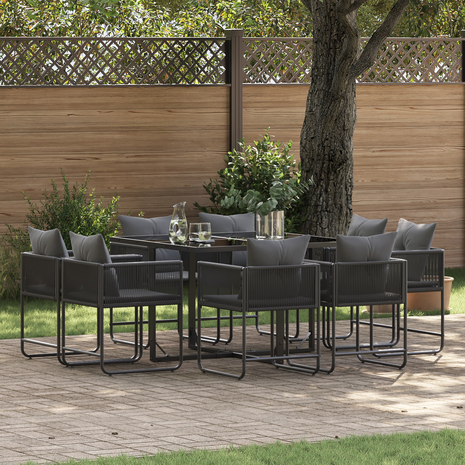 10 Piece Garden Dining Set with Cushions Steel and Poly Rattan
