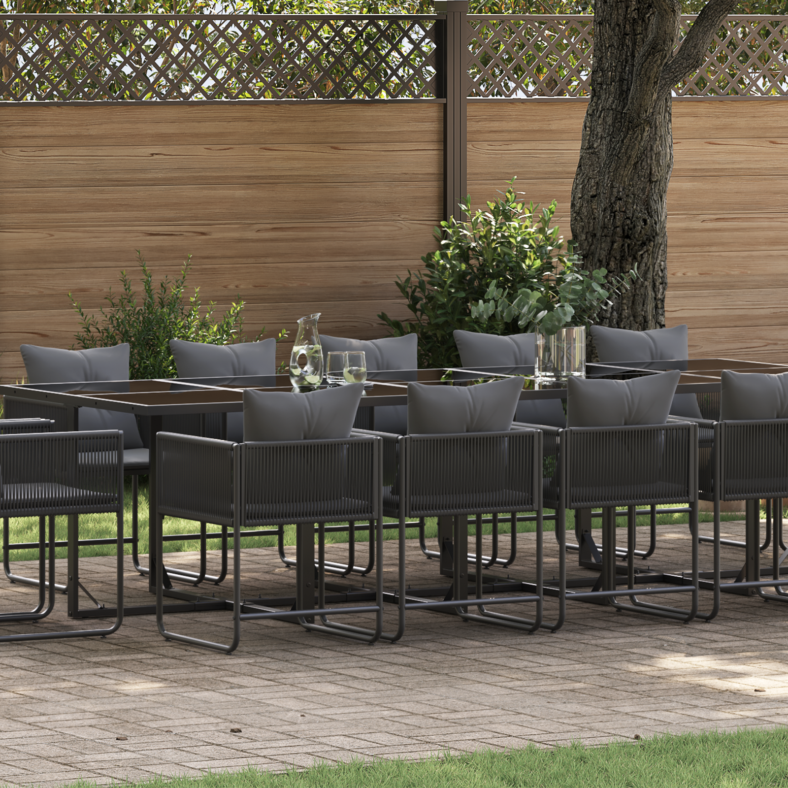 19 Piece Garden Dining Set with Cushions Black Steel and Poly Rattan