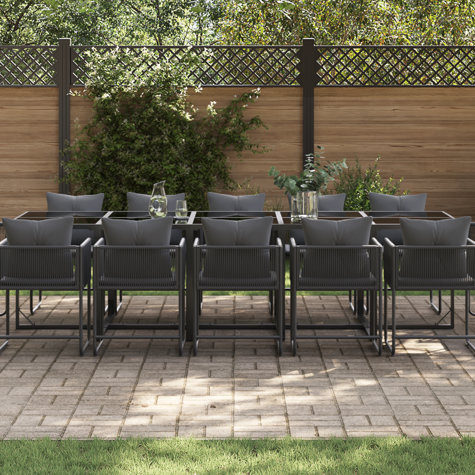 19 Piece Garden Dining Set with Cushions Black Steel and Poly Rattan - Image 3