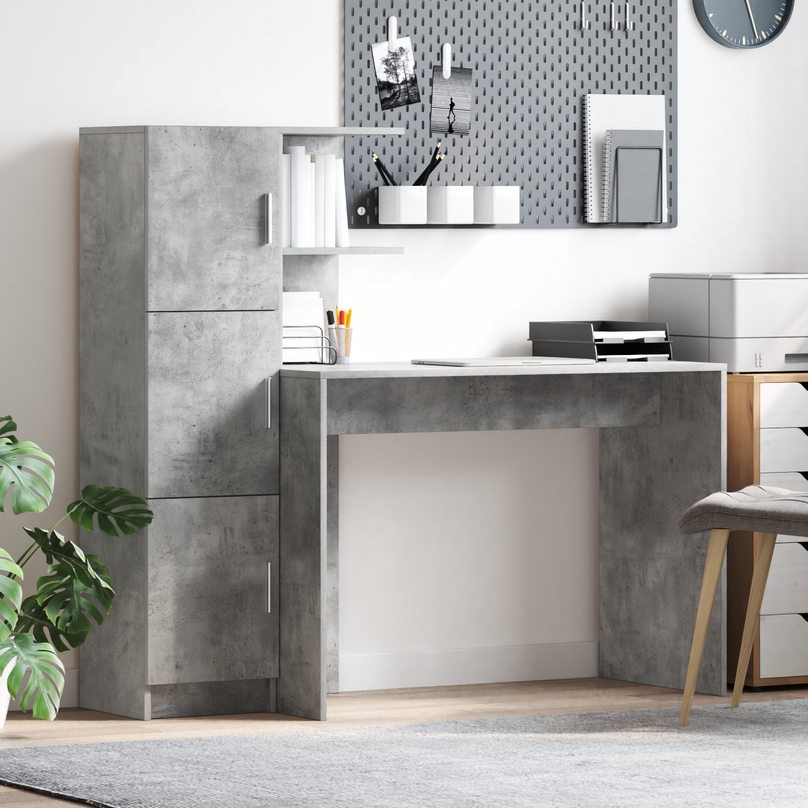Desk with Storage Concrete Grey Engineered Wood