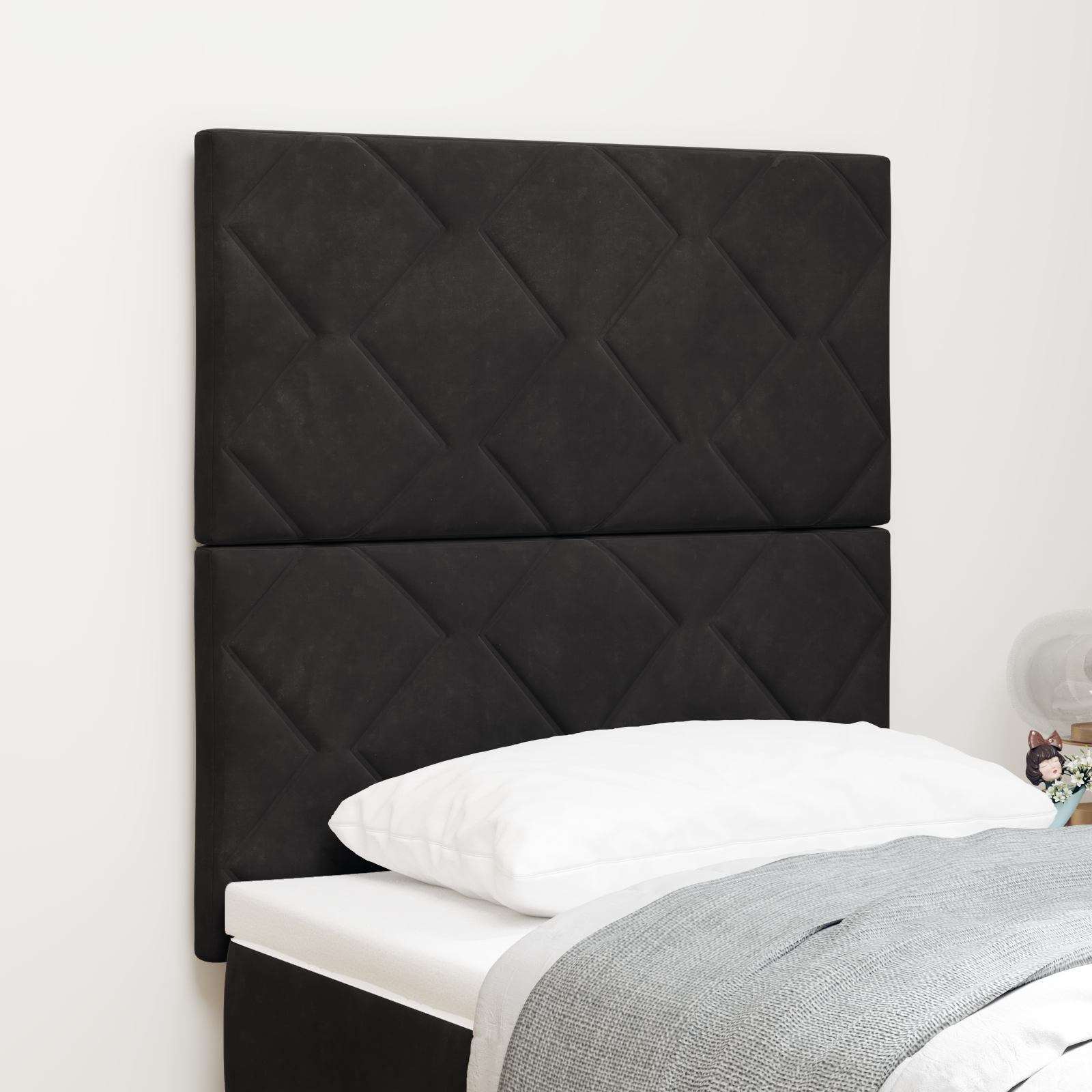 Headboard with Diamond Blocks Design in Black, 80 cm Velvet