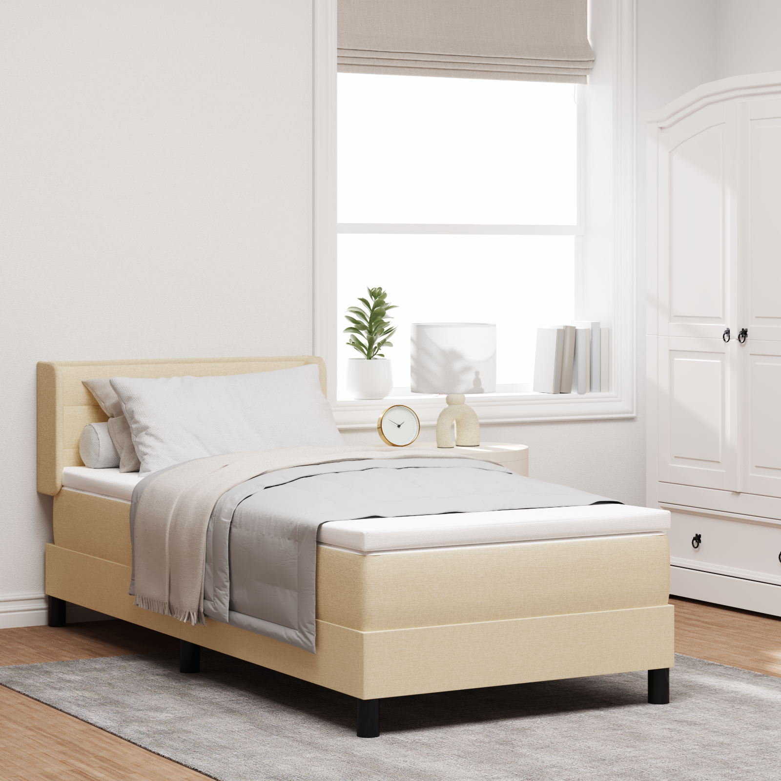 Letto a Box Spring con materasso color crema, 100 x 200 cm, in tessuto. 3341032