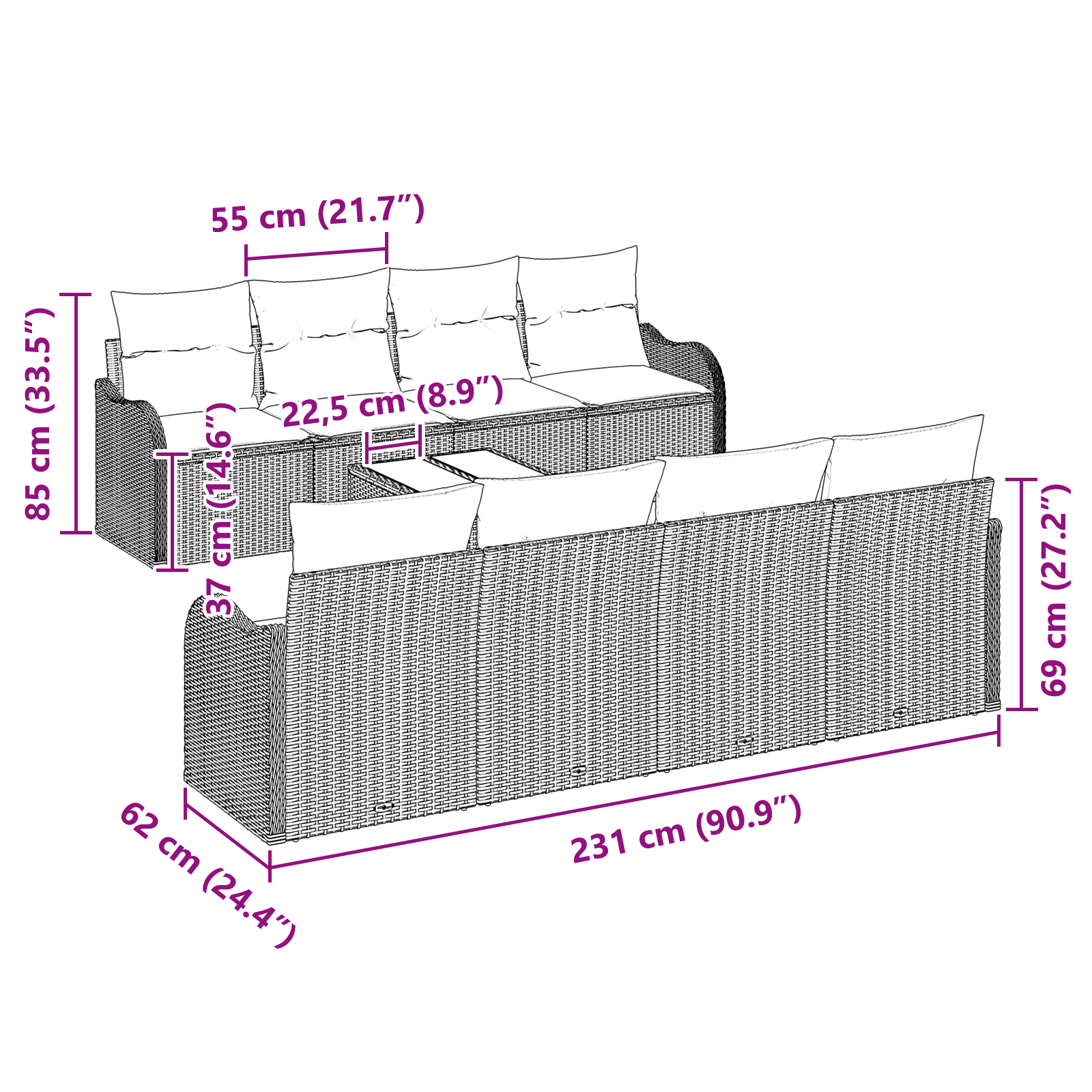 9 dalių sodo sofa su pagalvėmis Ruda poli ratanas - Image 8