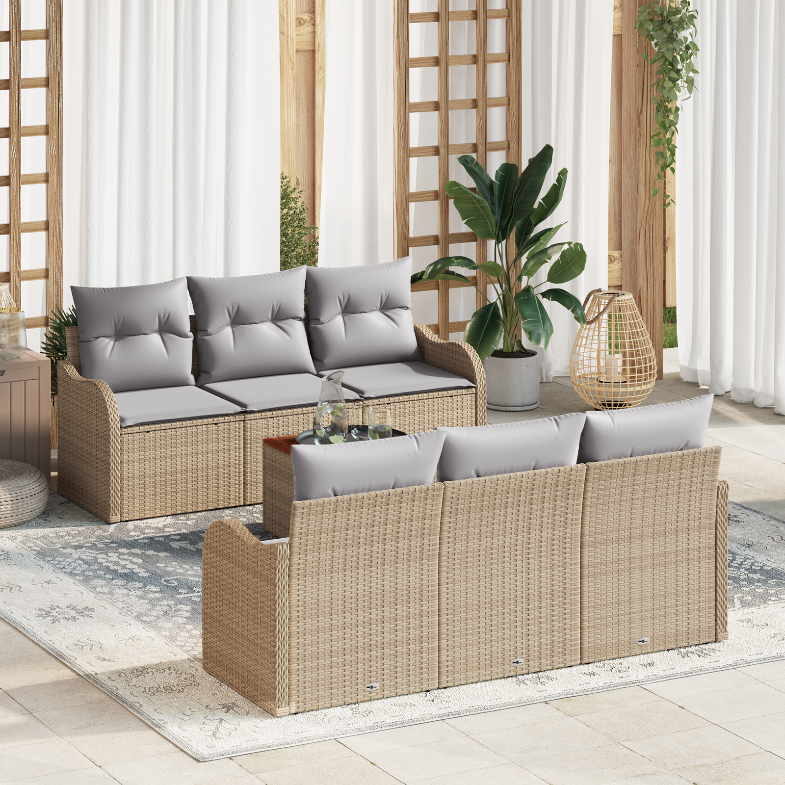 Set di Sofà da Giardino da 7 Pezzi con Cuscini Beige Polyrattan Acacia 3347399