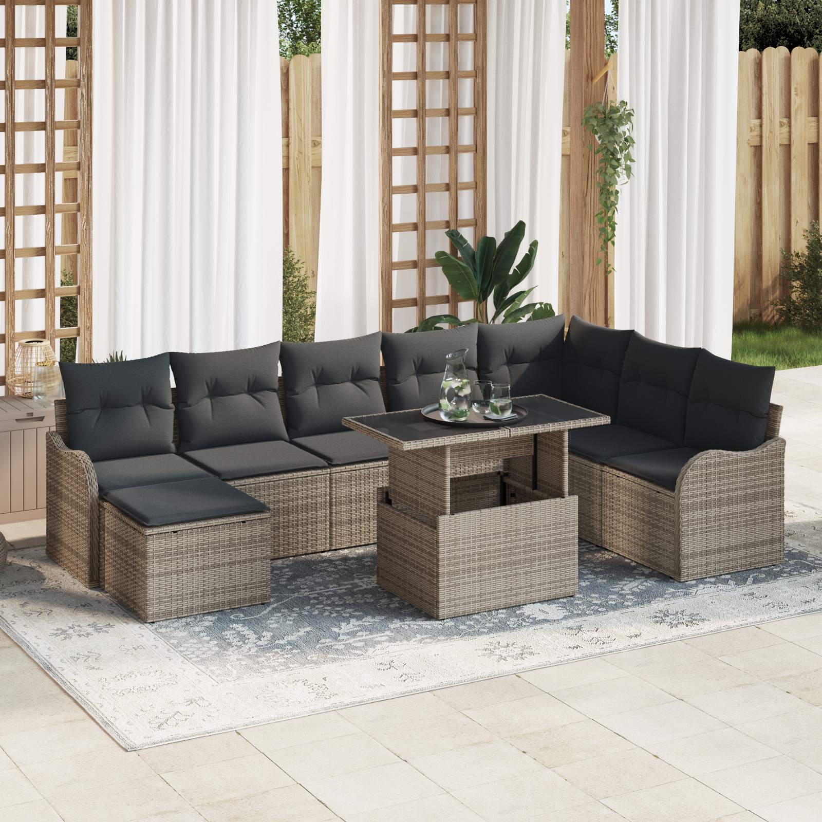 Set Divano da Giardino con Cuscini da 9 Pezzi Grigio Polyrattan 3348515