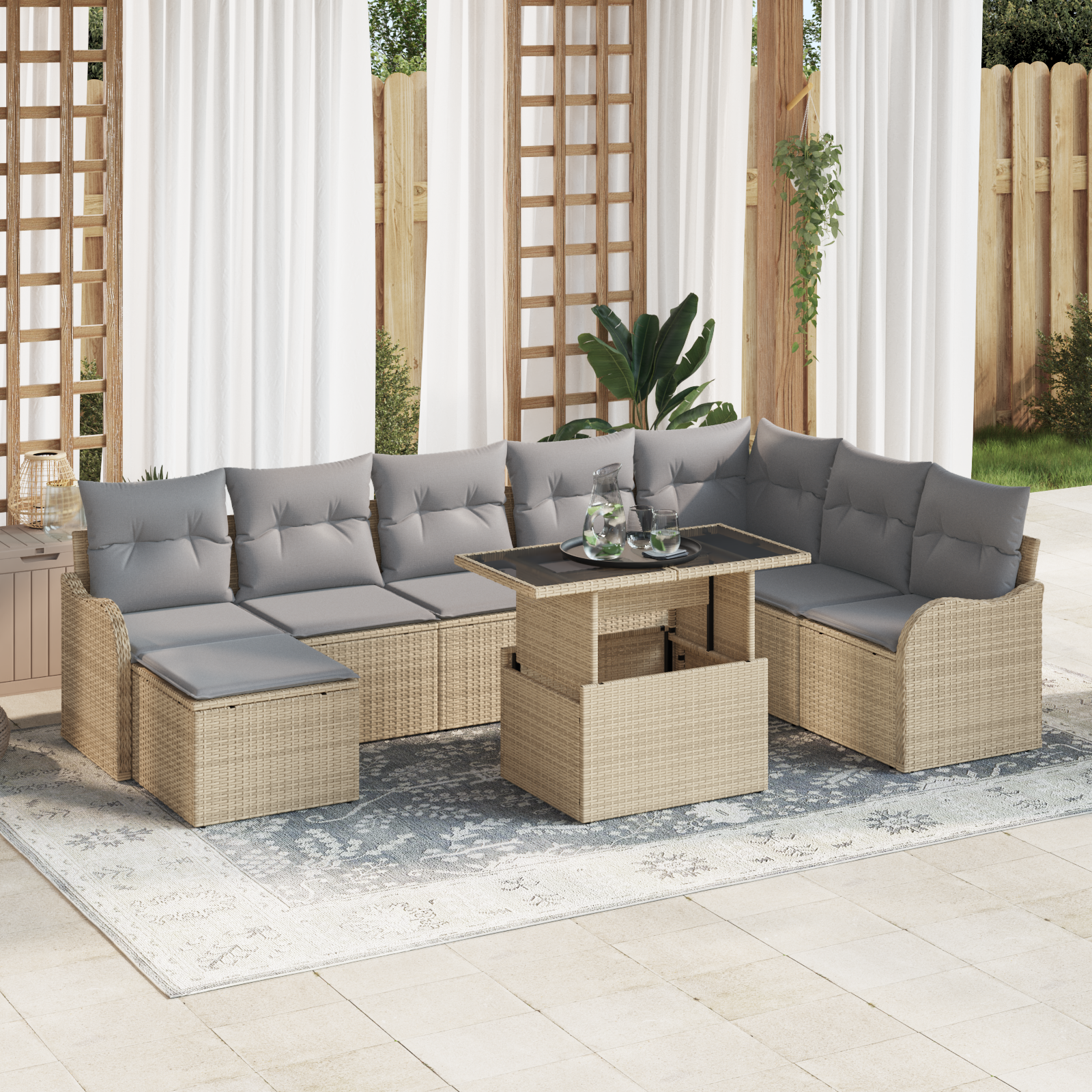 Set Divano da Giardino 9 Pezzi con Cuscini Beige Rattan Sintetico 3348516
