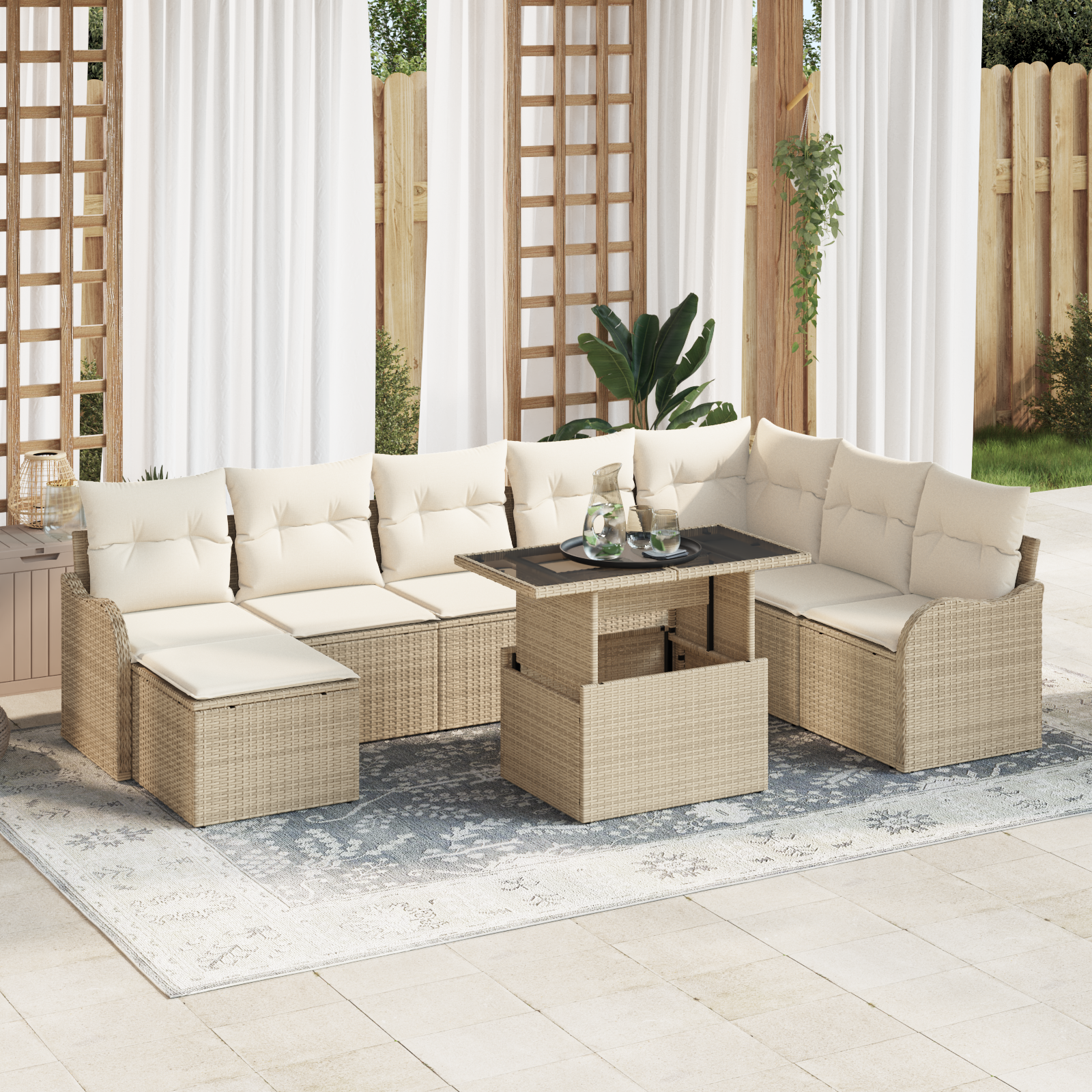 Set di Divani da Giardino da 9 Pezzi con Cuscini Beige in Poli Rattan 3348517