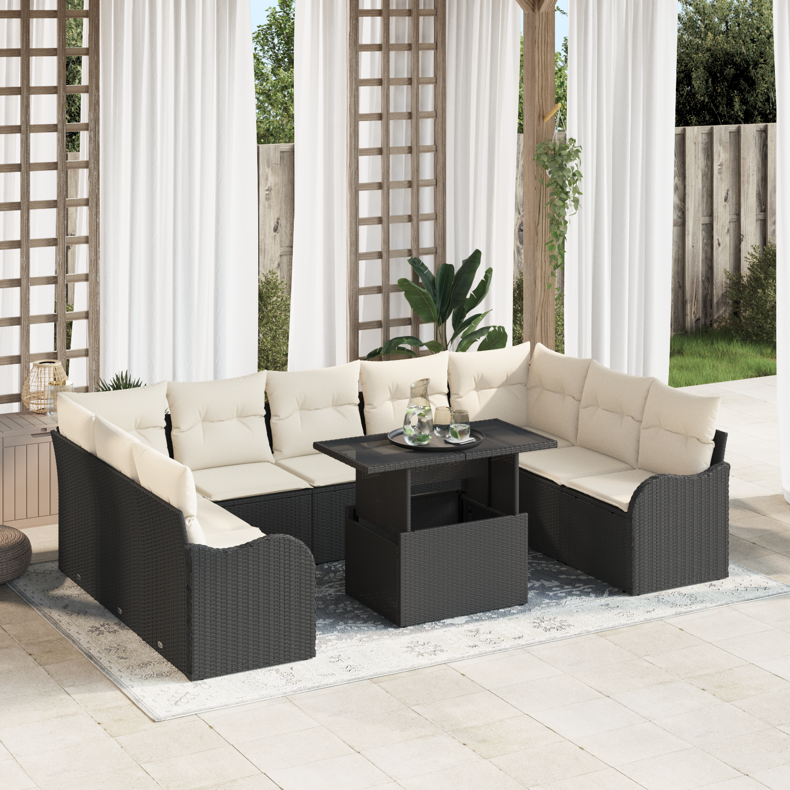 Set Divano da Giardino 10 Pezzi con Cuscini Polyrattan Nero 3348523