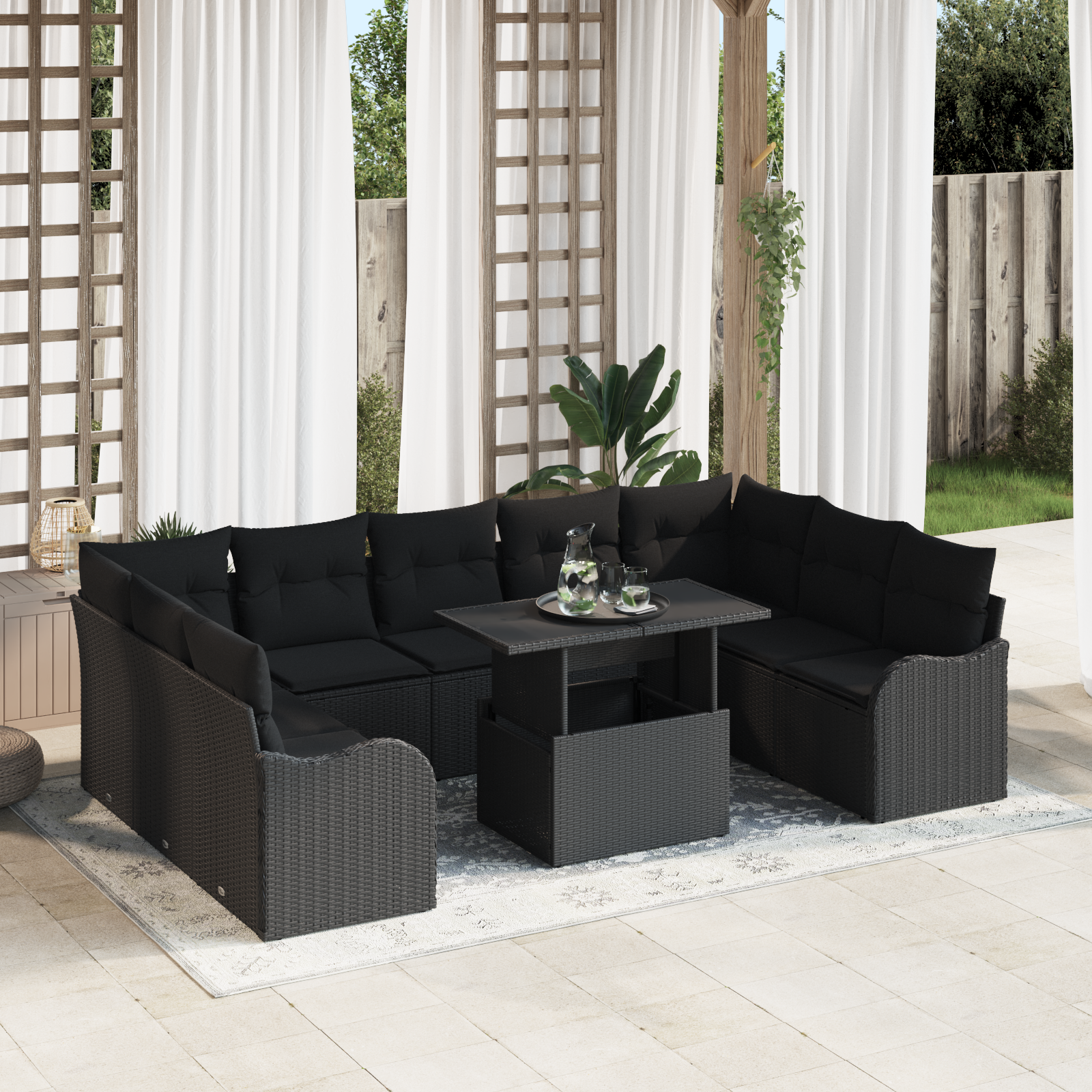 Set divani giardino 10 pezzi con cuscini neri in polyrattan 3348529