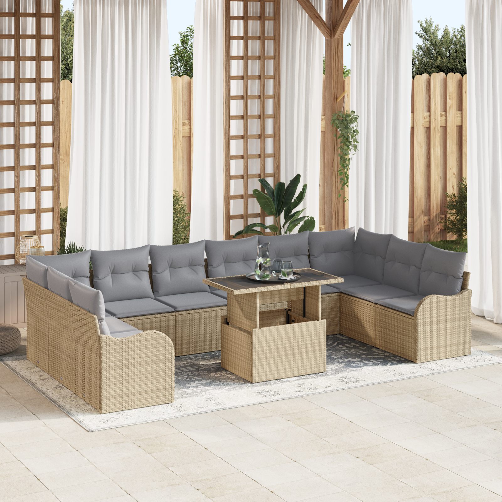 Set da giardino , 11 pezzi con cuscini beige in rattan 3348536