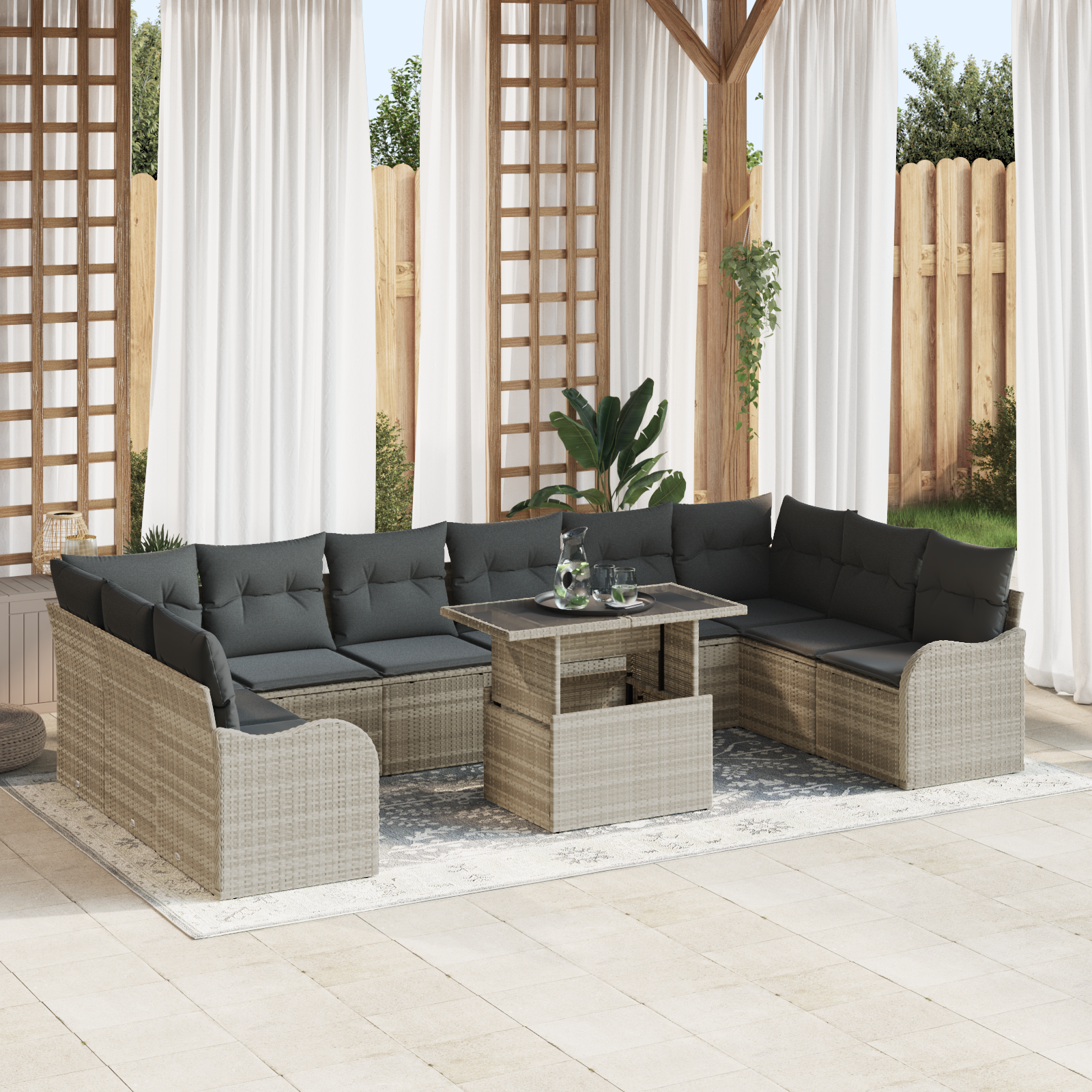 Set da Giardino 11 Pezzi con Cuscini Grigio Chiaro Polyrattan 3348538