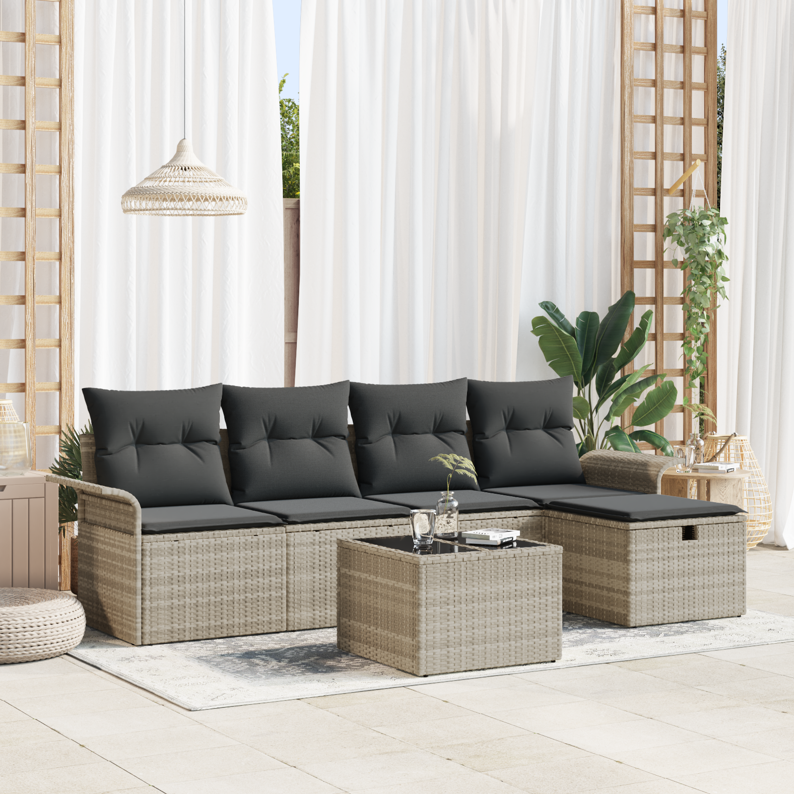 6-teiliges Garten-Sofa-Set mit Kissen in hellgrauem Poly-Rattan