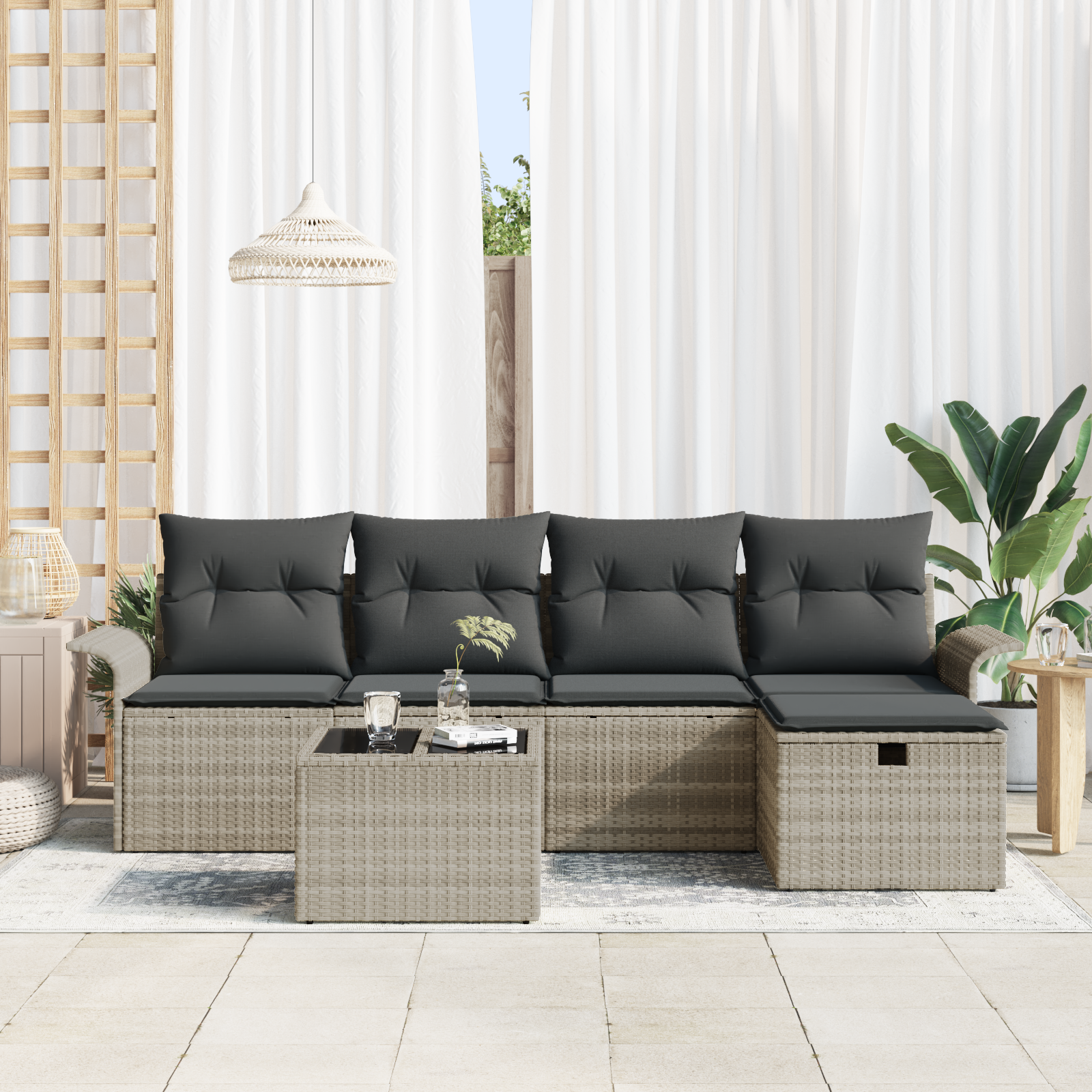 6-teiliges Garten-Sofa-Set mit Kissen in hellgrauem Poly-Rattan – Bild 3