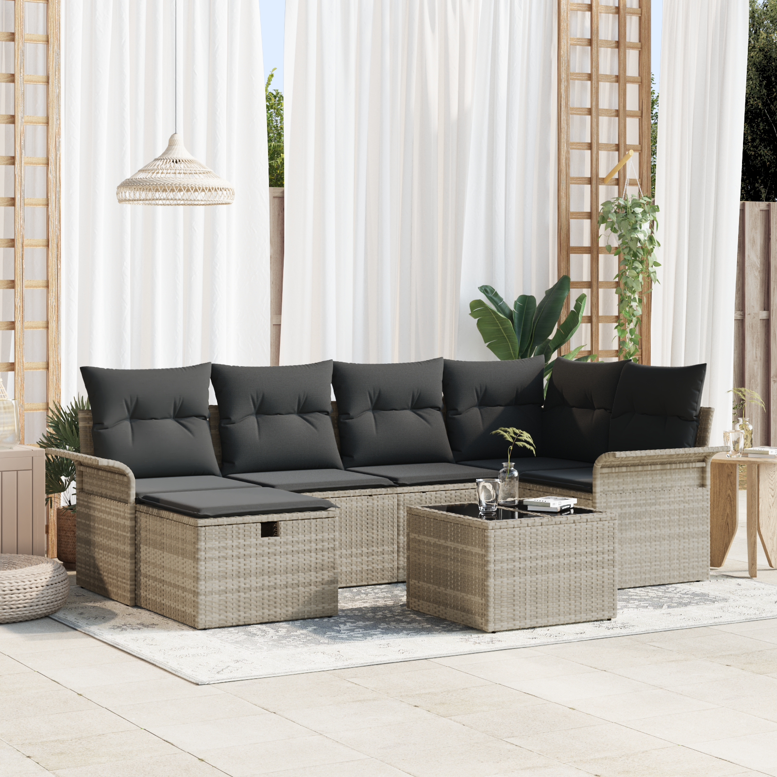 7 Piece Garden Sofa Set with Cushions Light Grey Poly Rattan