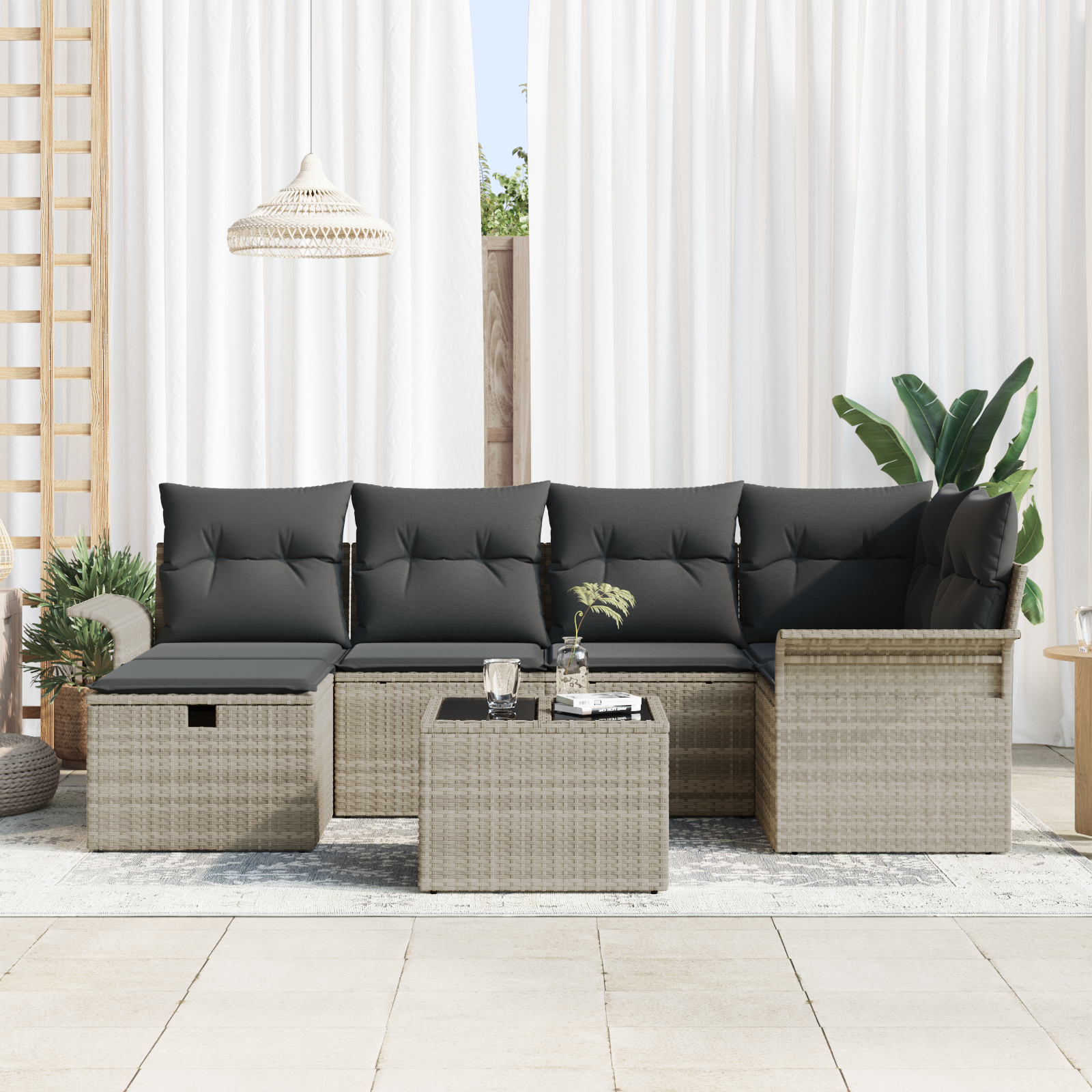 7 Piece Garden Sofa Set with Cushions Light Grey Poly Rattan - Image 3