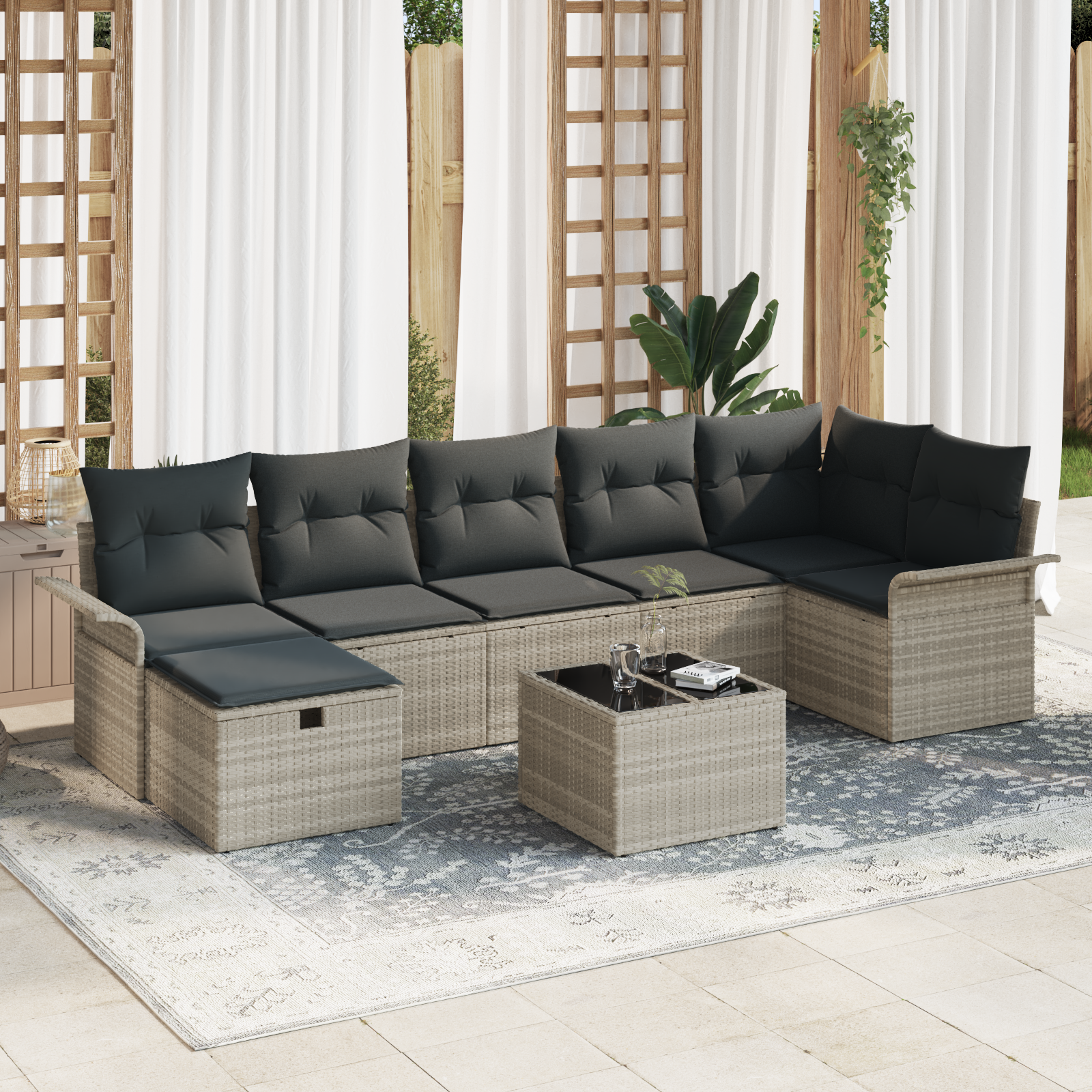 8-teiliges Garten Sofa Set mit Kissen in Hellgrau aus Poly Rattan