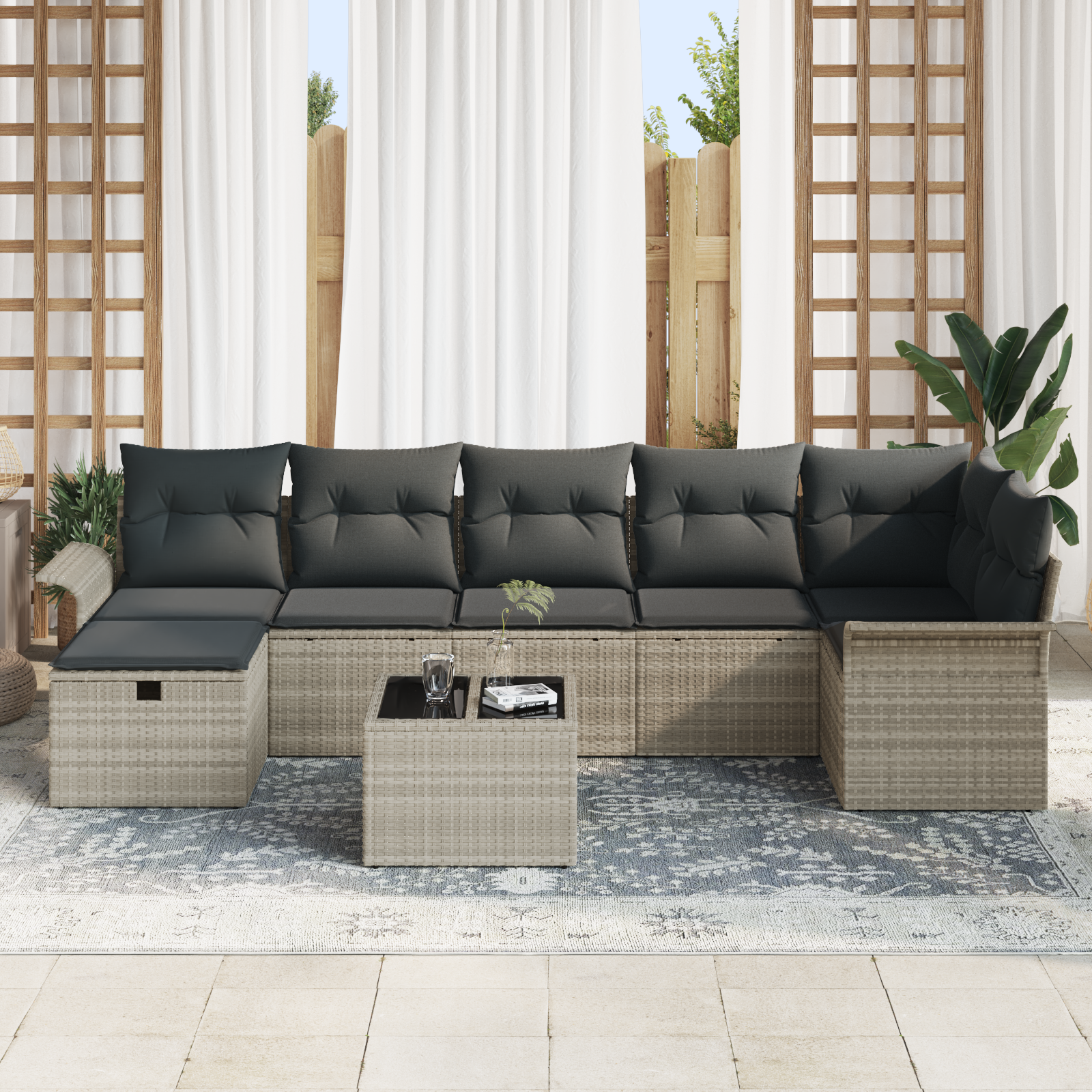8-teiliges Garten Sofa Set mit Kissen in Hellgrau aus Poly Rattan – Bild 3