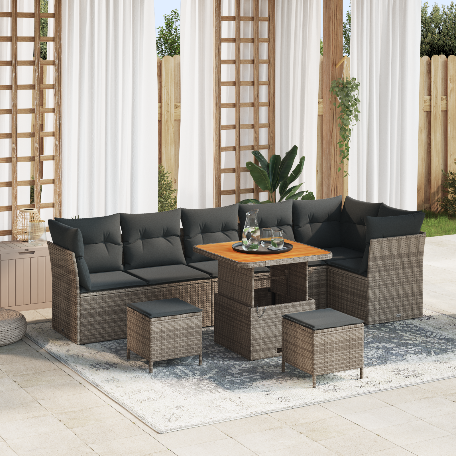 Set di Divani da Giardino 9 Pezzi con Cuscini Grigio in Rattan Polietilene Acacia