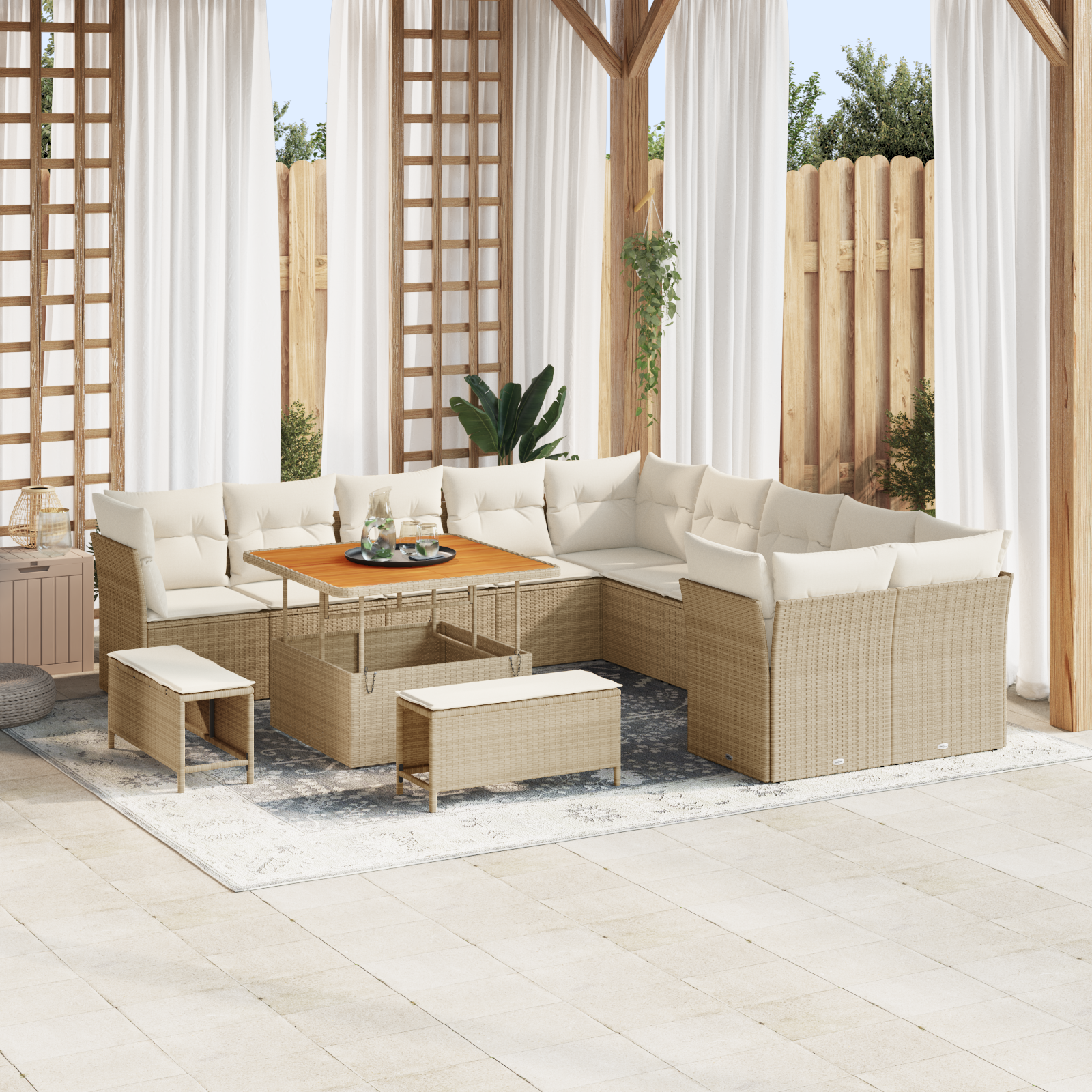Set Divano da Giardino da 13 Pezzi con Cuscini Beige Polyrattan Acacia 3361536