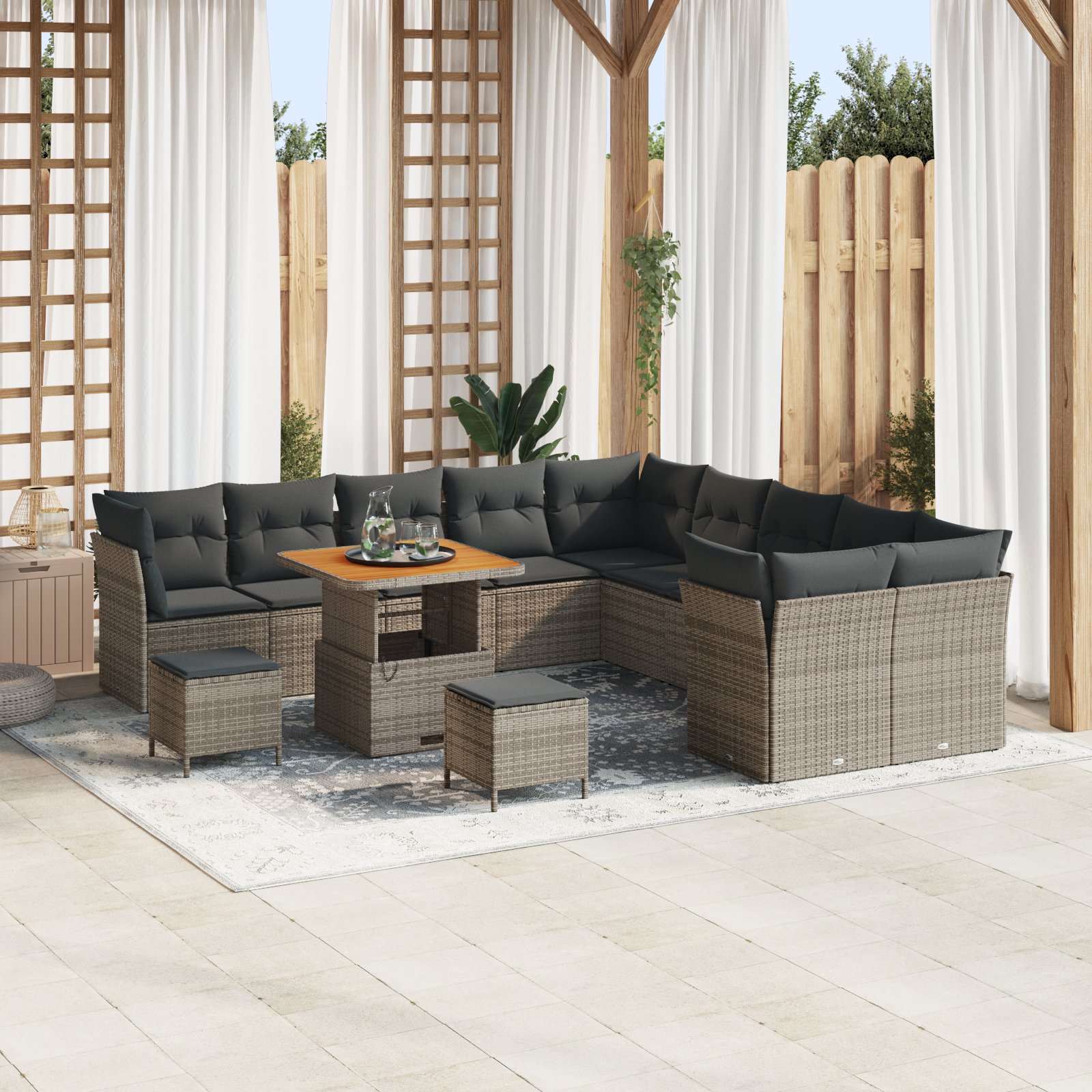 Set da Giardino da 13 Pezzi con Cuscini Grigio Rattan Poliacacia