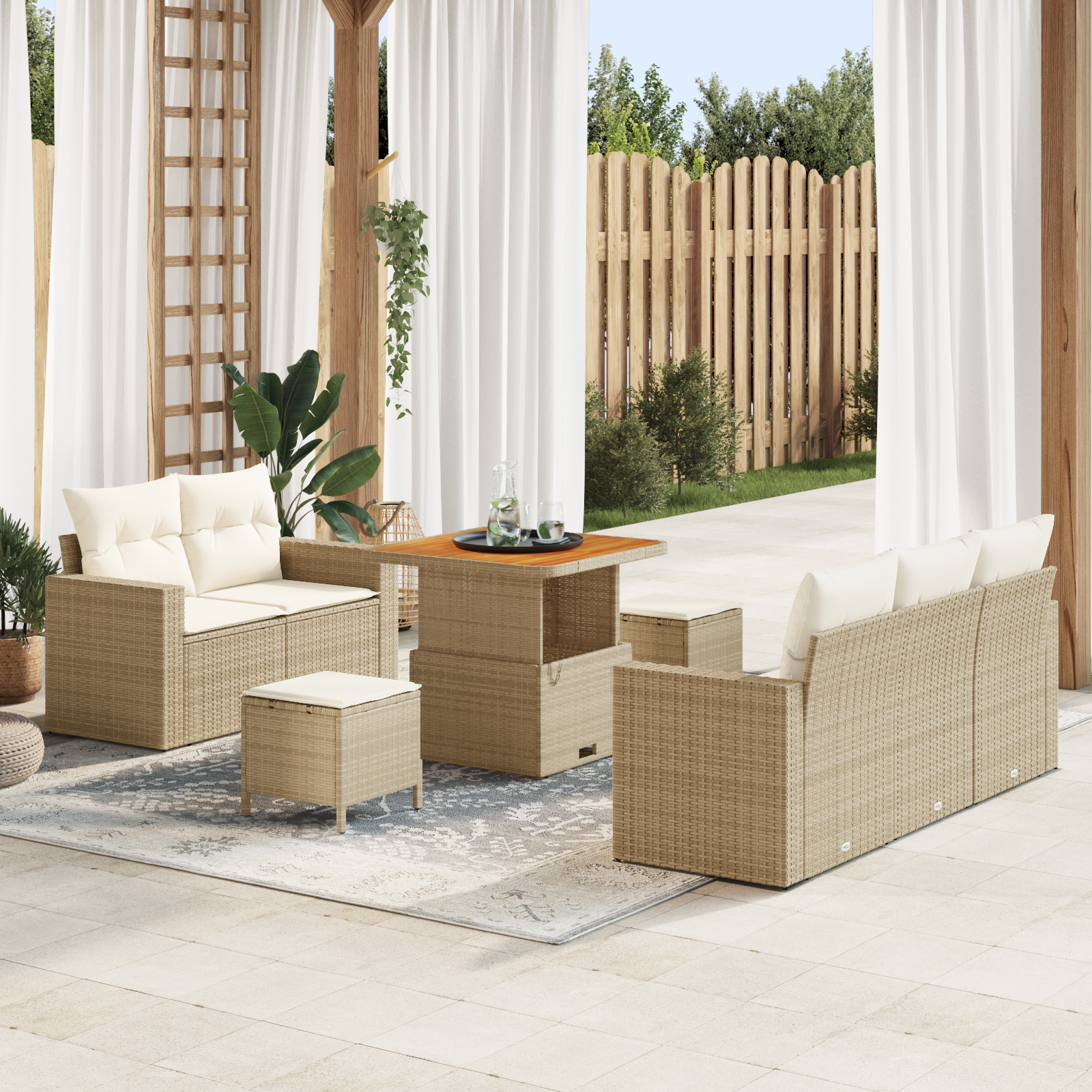 Set Divano Giardino 8 Pezzi con Cuscini Beige Rattan Polietilene Acacia