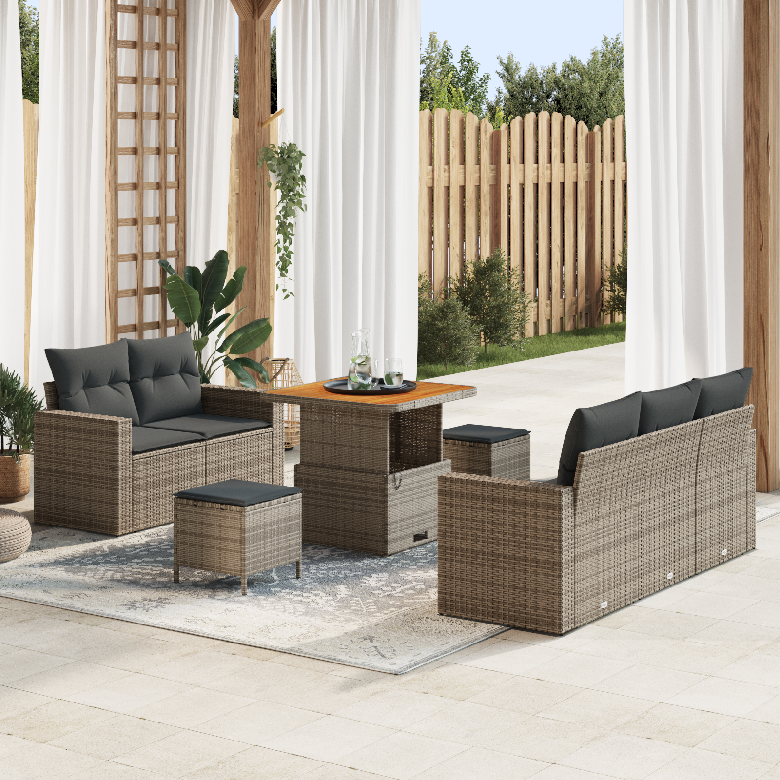 Set di Divani da Giardino 8 Pezzi con Cuscini Grigio Rattan Polietilene Acacia