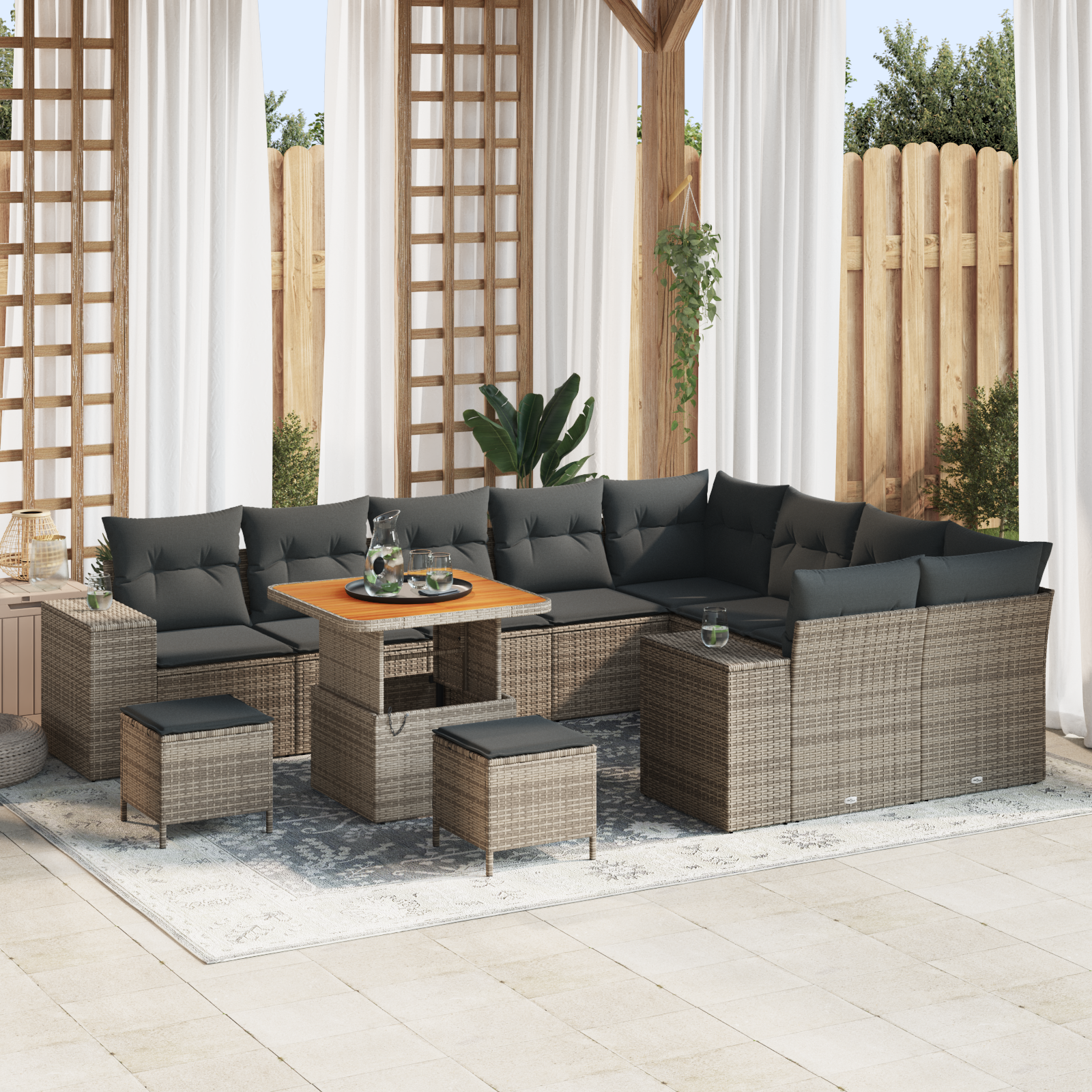 Set Divano da Giardino di 12 Pezzi con Cuscini Grigio Polyrattan Acacia