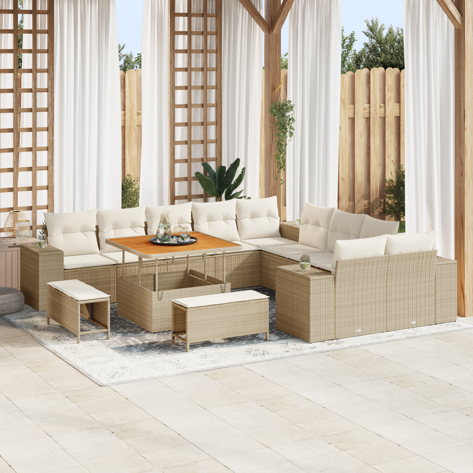 Set Divano Giardino da 13 Pezzi con Cuscini Beige Polirattan Acacia 3362056