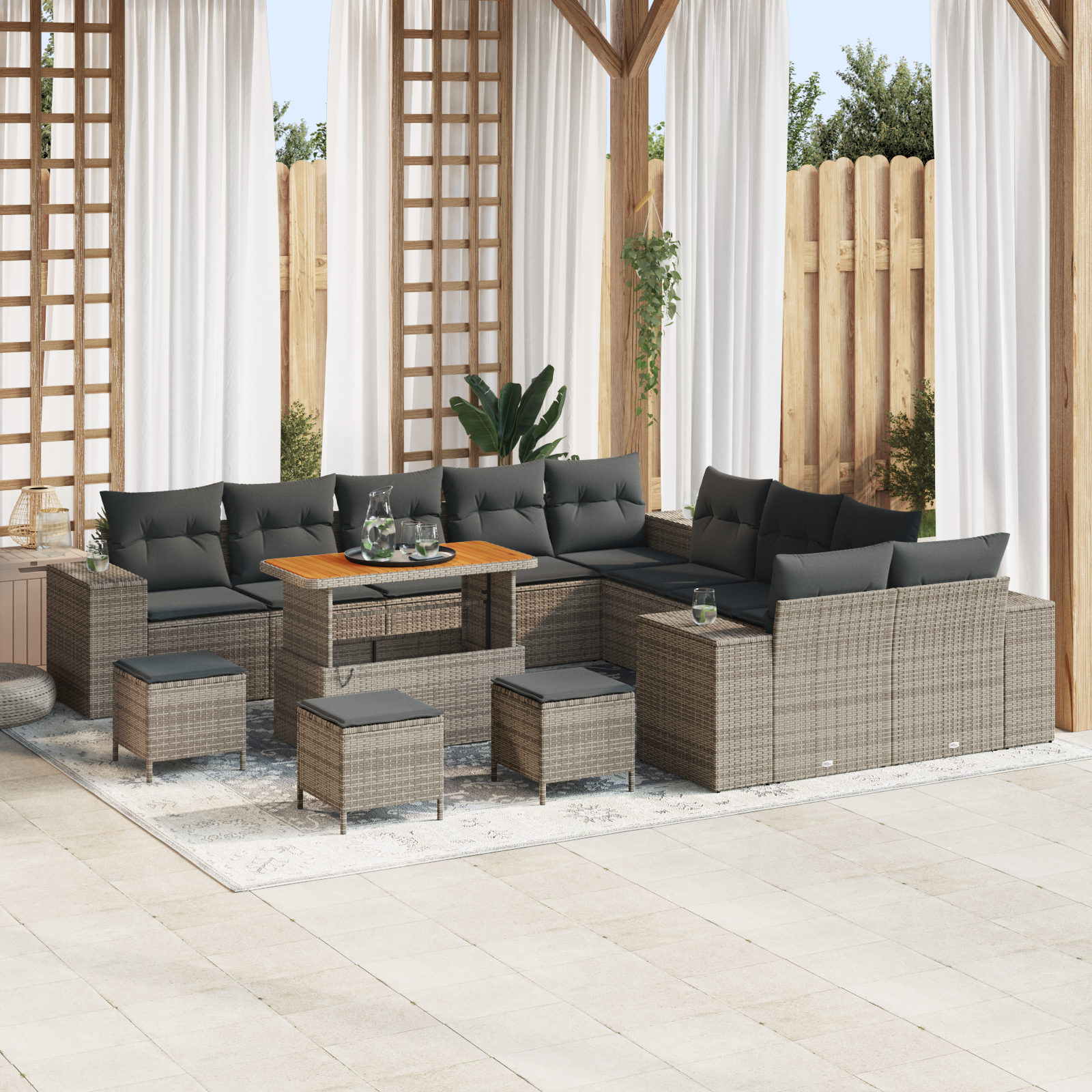 Conjunto de Sofá de Jardim de 14 Peças com Almofadas Cinza Polirattan Acácia, Conjunto de Jantar de Jardim de 4 Peças com Almofadas Cinza Polirattan Acácia