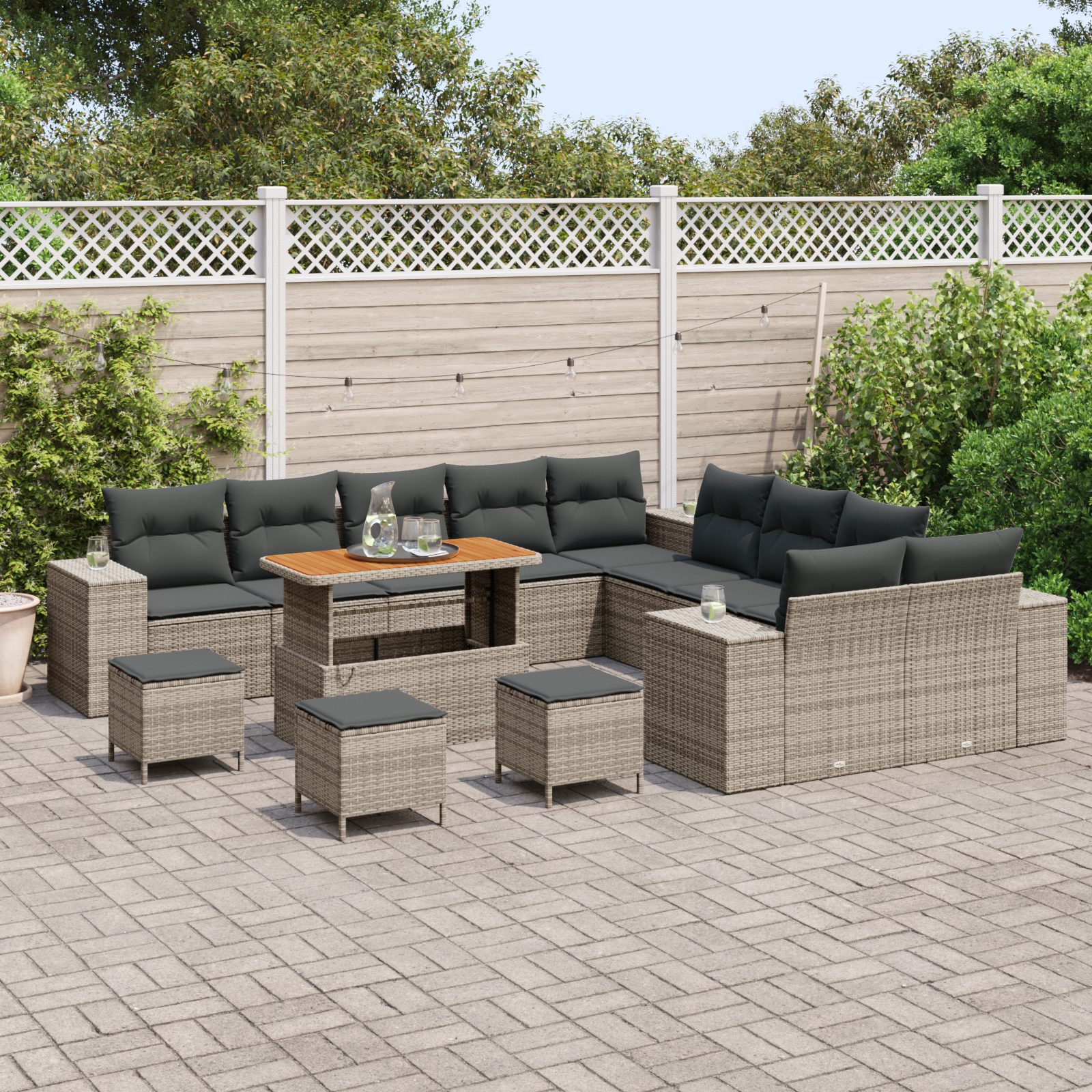 Conjunto de Sofá de Jardim de 14 Peças com Almofadas Cinza Polirattan Acácia, Conjunto de Jantar de Jardim de 4 Peças com Almofadas Cinza Polirattan Acácia - Image 4