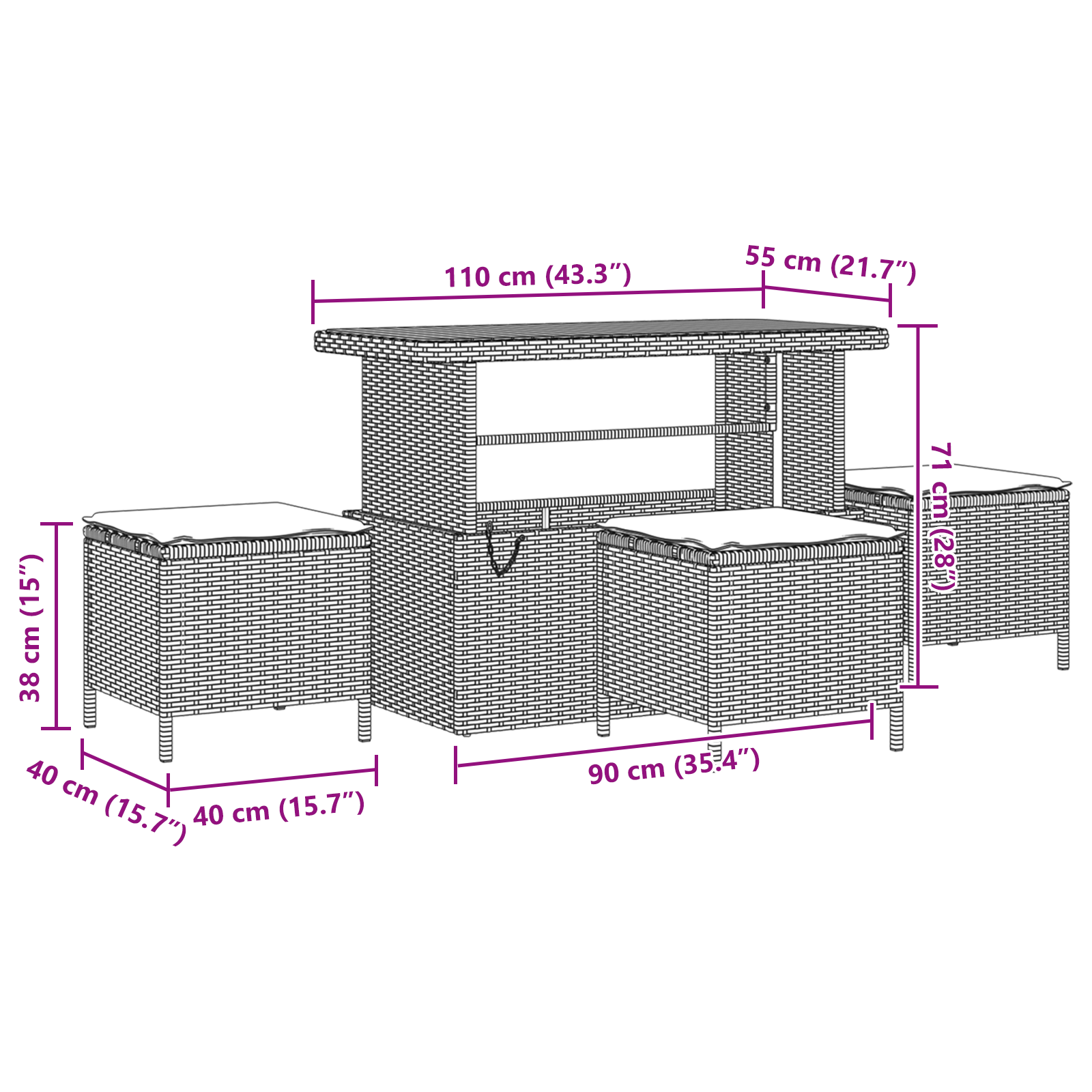 Conjunto de Sofá de Jardim de 14 Peças com Almofadas Cinza Polirattan Acácia, Conjunto de Jantar de Jardim de 4 Peças com Almofadas Cinza Polirattan Acácia - Image 10
