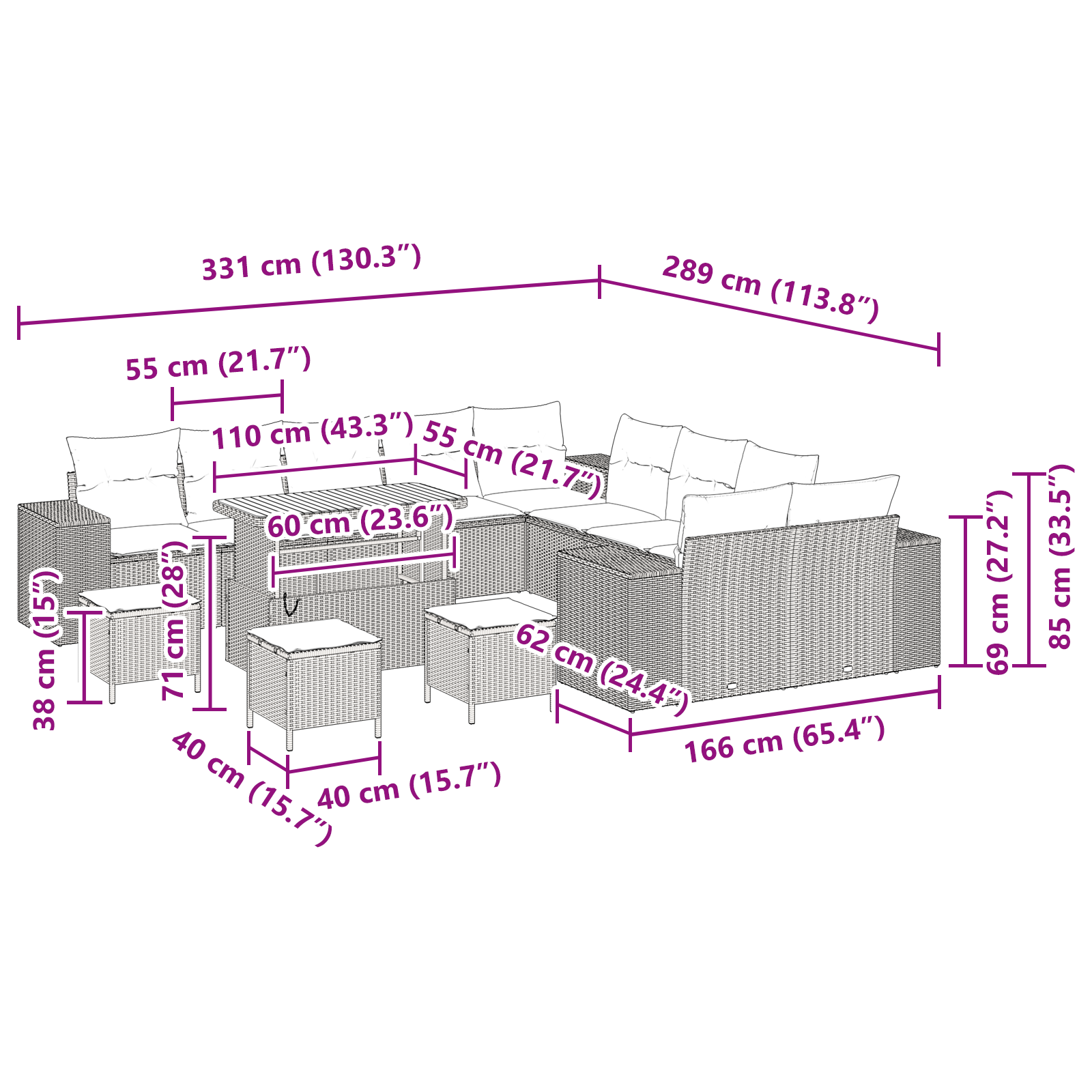 Conjunto de Sofá de Jardim de 14 Peças com Almofadas Cinza Polirattan Acácia, Conjunto de Jantar de Jardim de 4 Peças com Almofadas Cinza Polirattan Acácia - Image 13