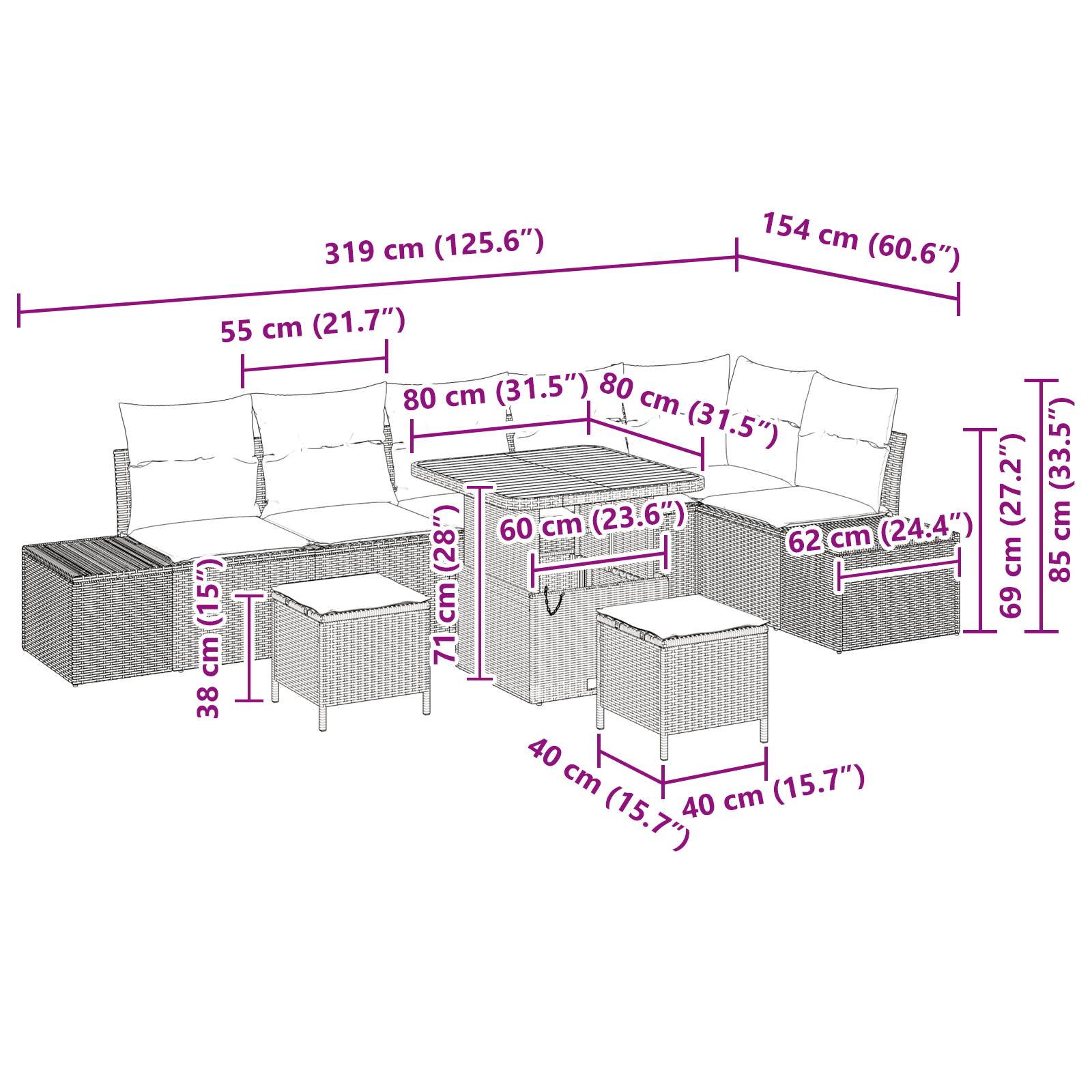 9 dalių sodo sofos komplektas su pagalvėlėmis juodas poliratanas akacija - Image 10