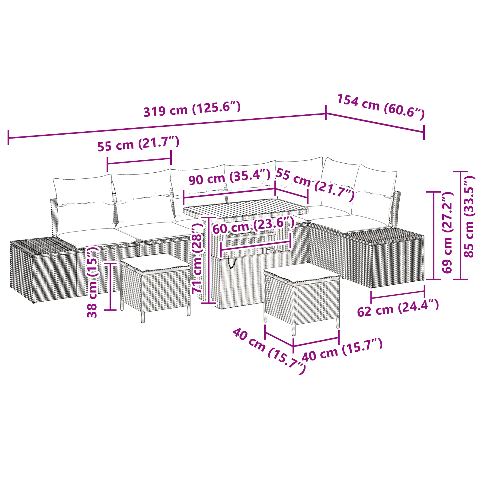 9 dalių sodo sofos komplektas su pagalvėmis juodas poliratanas akacija - Image 10