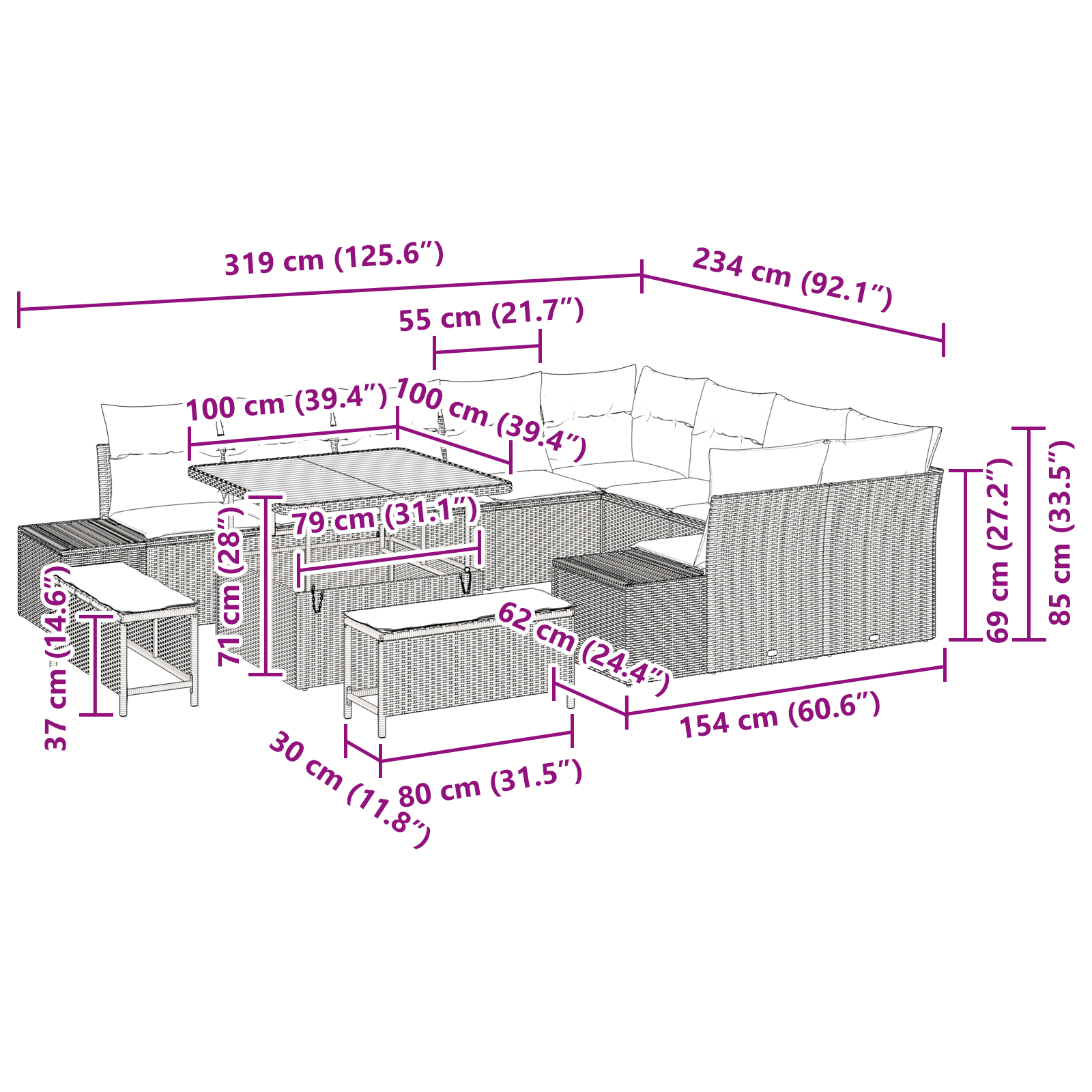Комплект градински дивани с възглавници Черен Полиратан Акация - Image 10