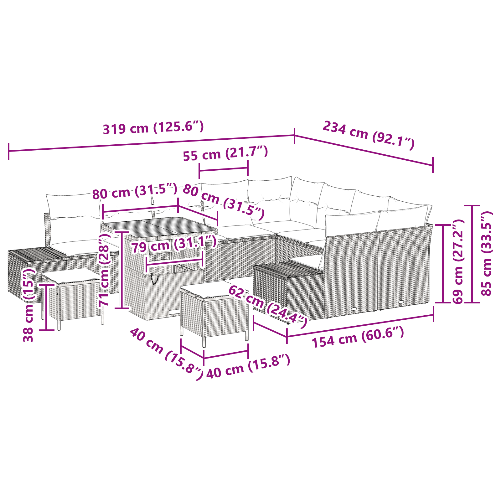 12 Частен градински диван комплект с възглавници бежов полиестерен ратан акация - Image 10